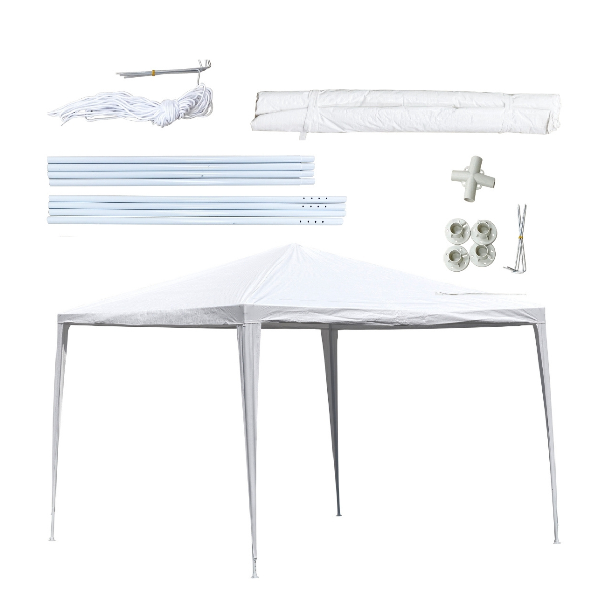 A white tent with its components, including poles, ropes, and connectors, laid out on a white background.