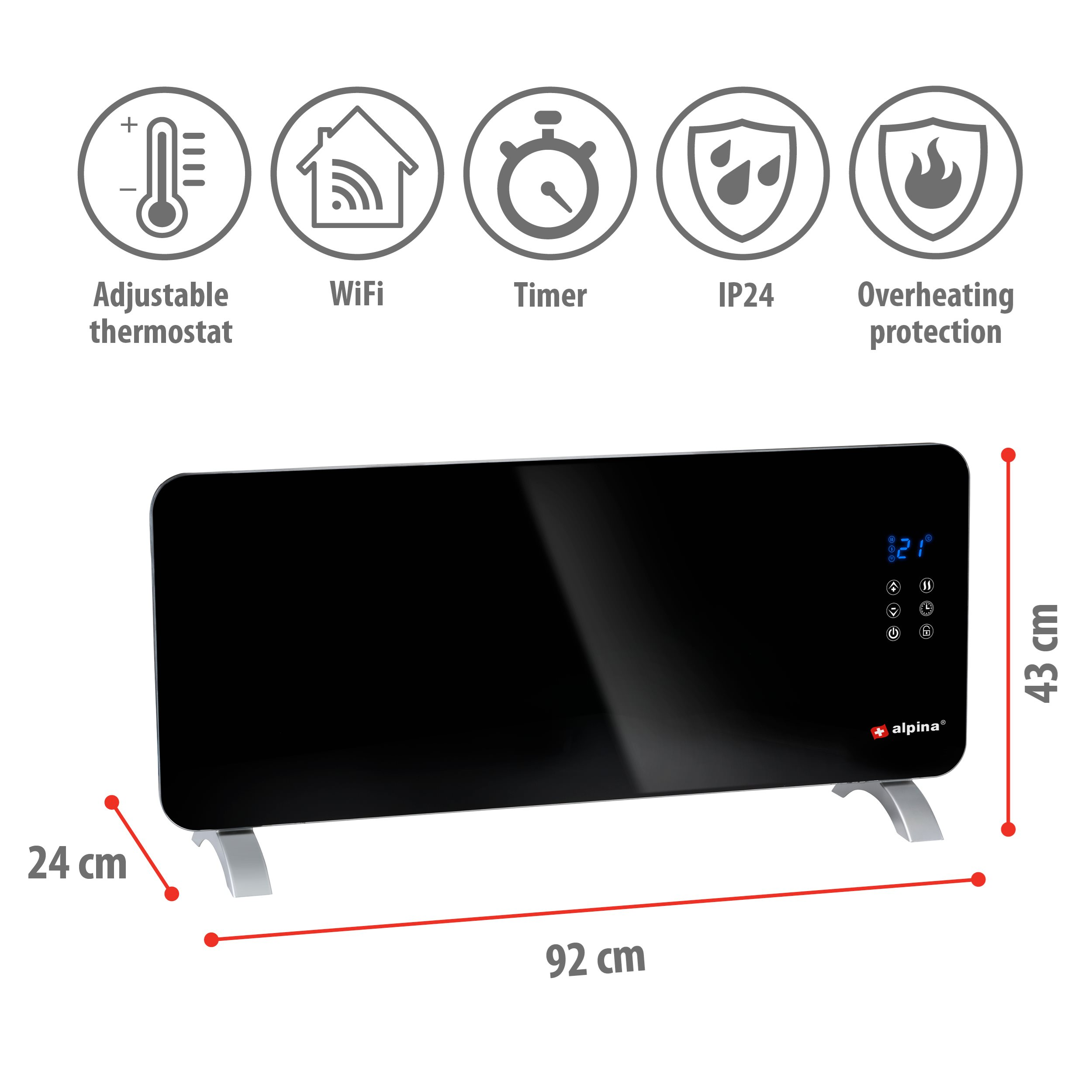 Zwarte Alpina-kachel met pictogrammen voor thermostaat, wifi, timer, IP24 en oververhittingsbeveiliging. Afmetingen worden weergegeven.