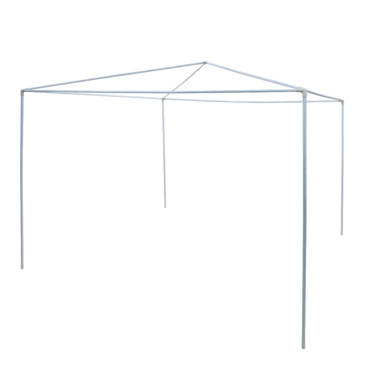 A white metal frame of a gazebo. It has a square top and four vertical supports. The background is plain white.
