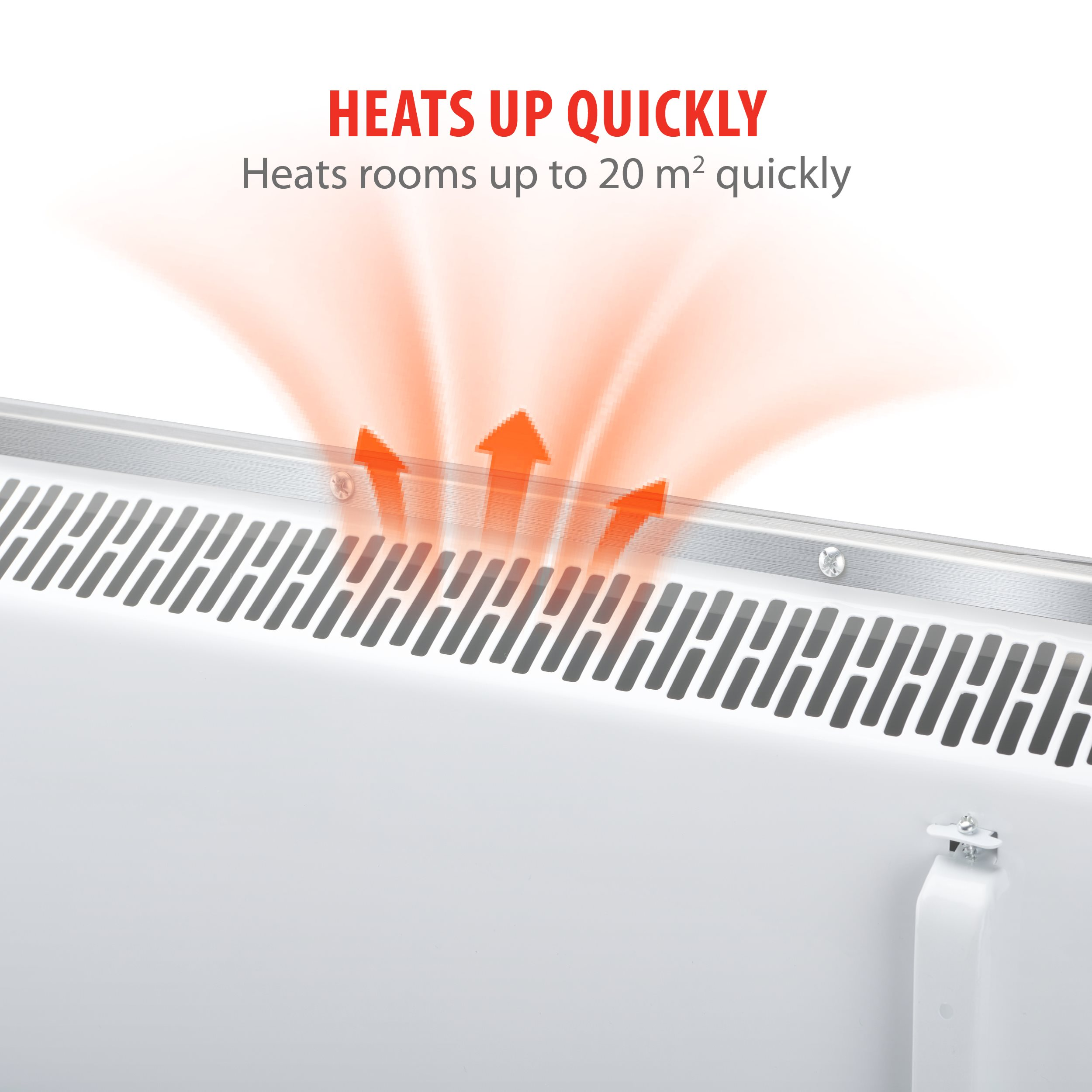 Een witte kachel met oranje pijlen die warmte aangeven. Tekst: 'Wordt snel warm' en 'Verwarmt kamers tot 20 m² snel'.
