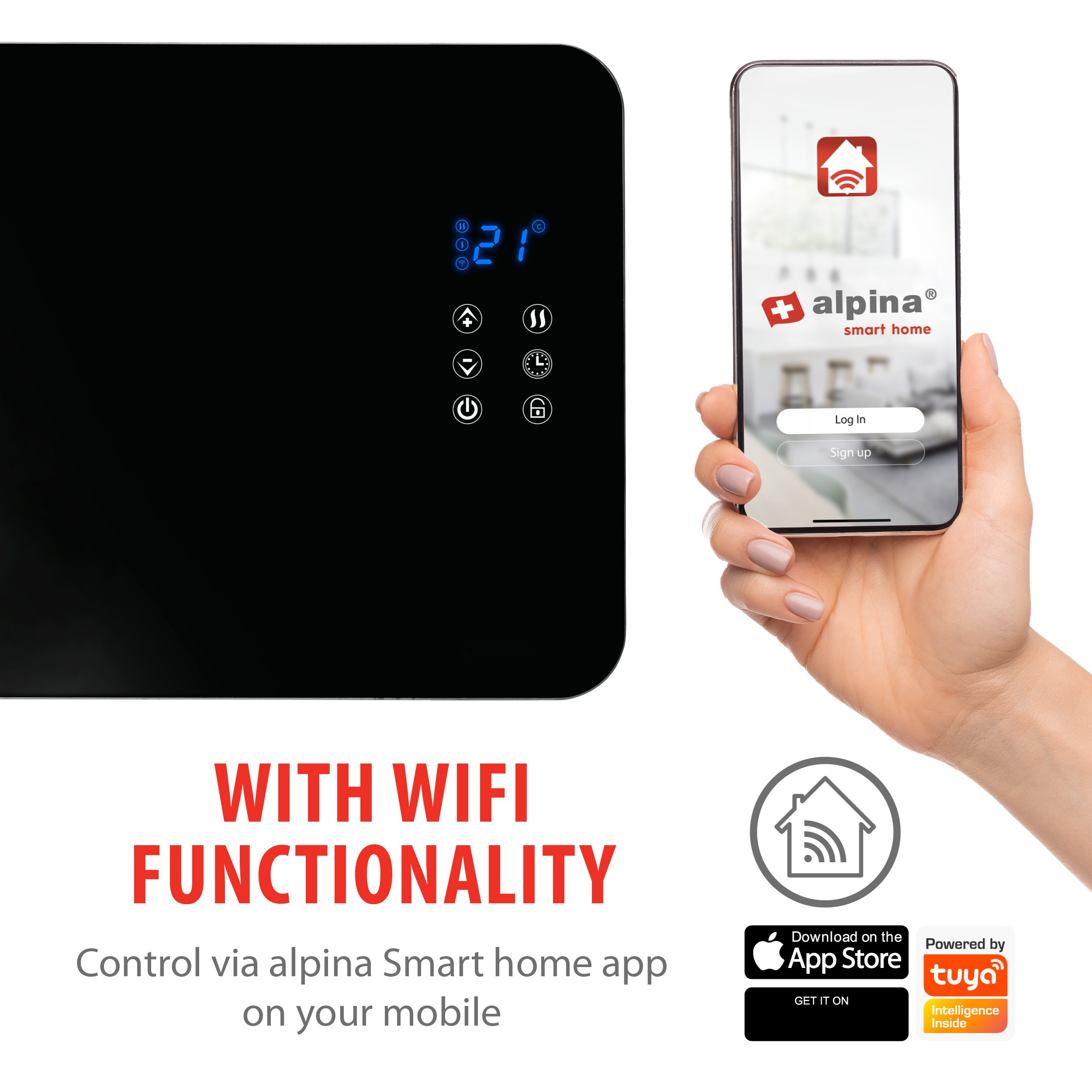 Zwart paneel toont temperatuur. Een hand houdt een smartphone met app-interface. Tekst: 'Met WIFI-functionaliteit'.