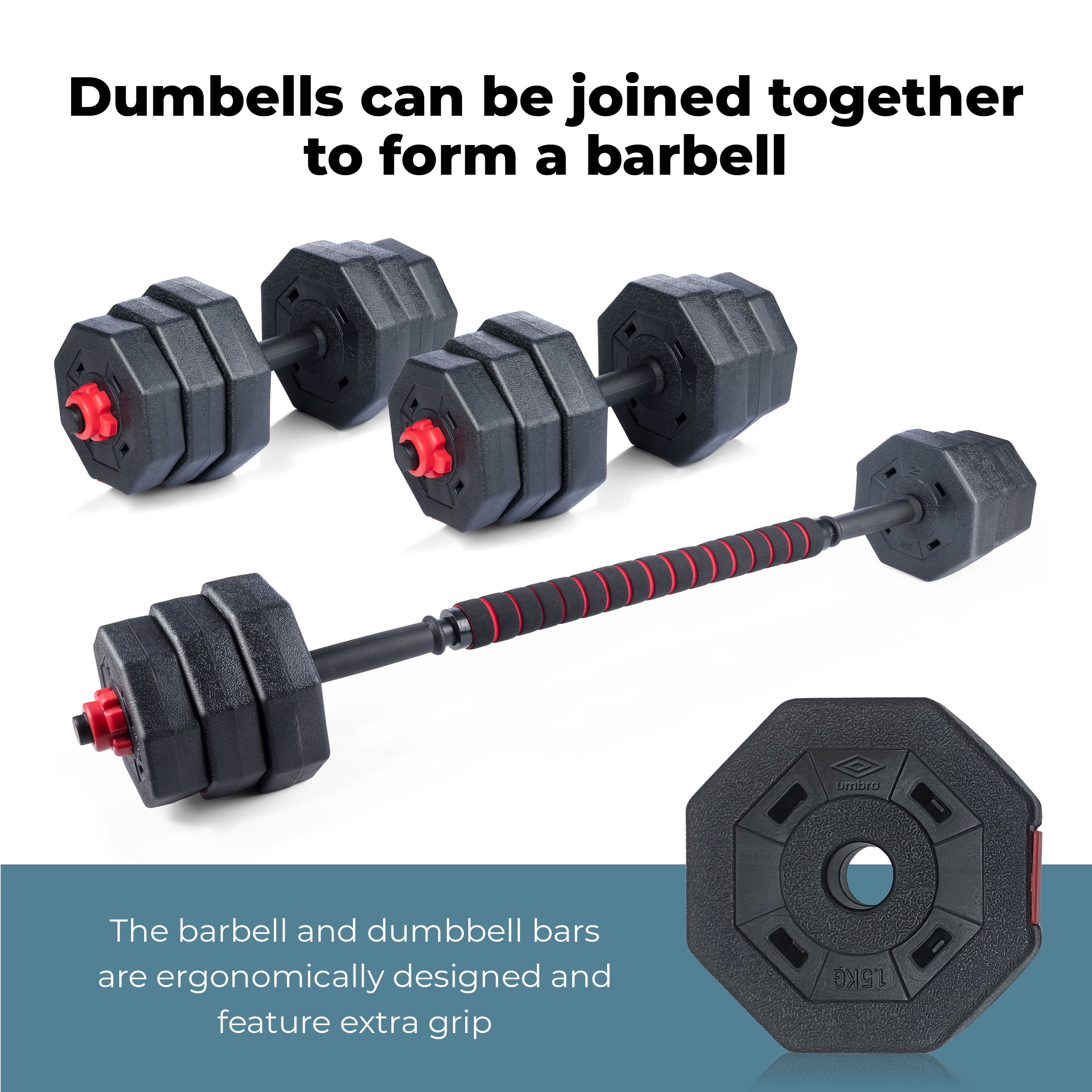 Zwarte dumbbells en halter. Rode accenten op de knoppen en de greep. Tekst: Dumbbells kunnen aan elkaar worden gekoppeld om een halter te vormen.