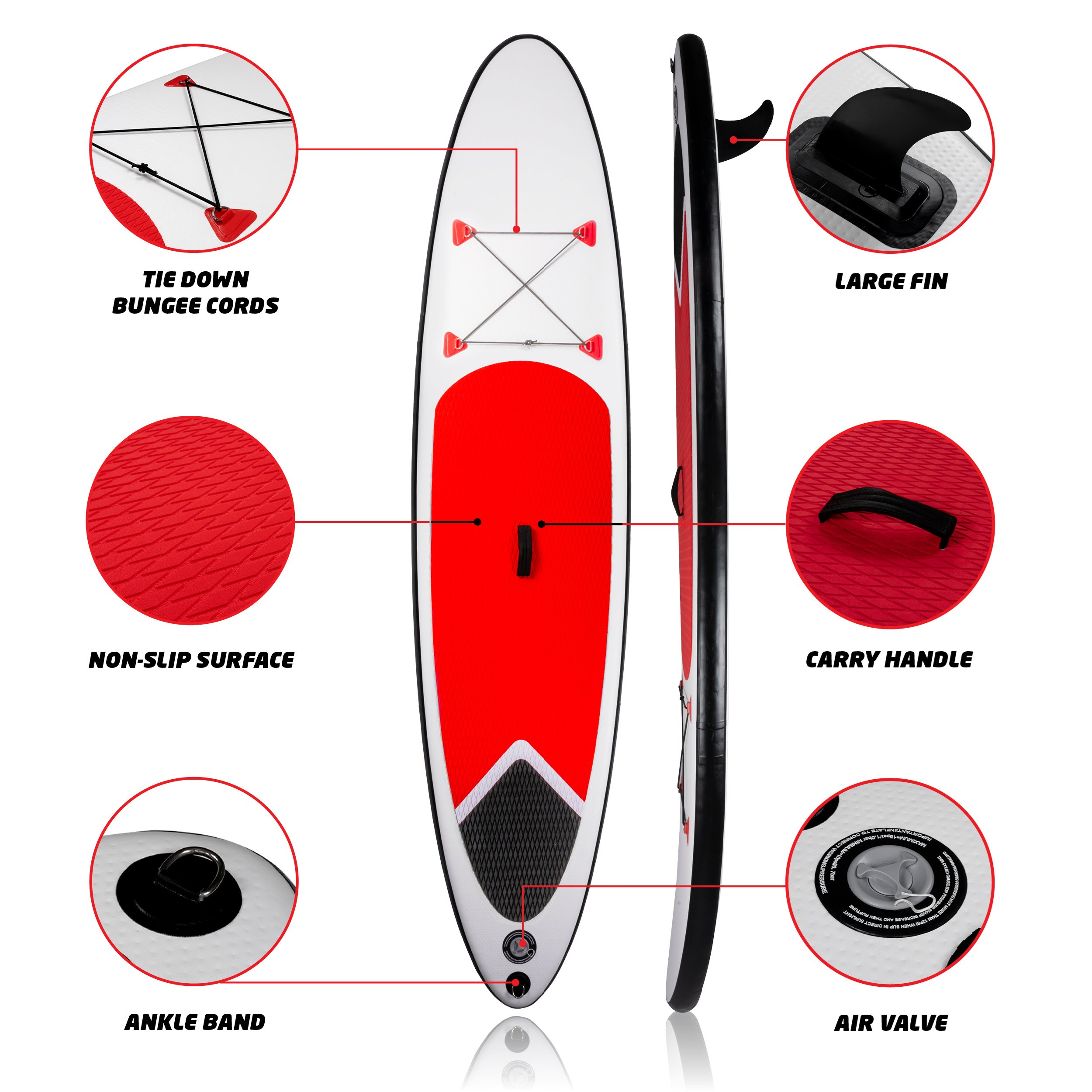 A stand-up paddleboard. Features include tie-down cords, a large fin, non-slip surface, carry handle, ankle band, and air valve.