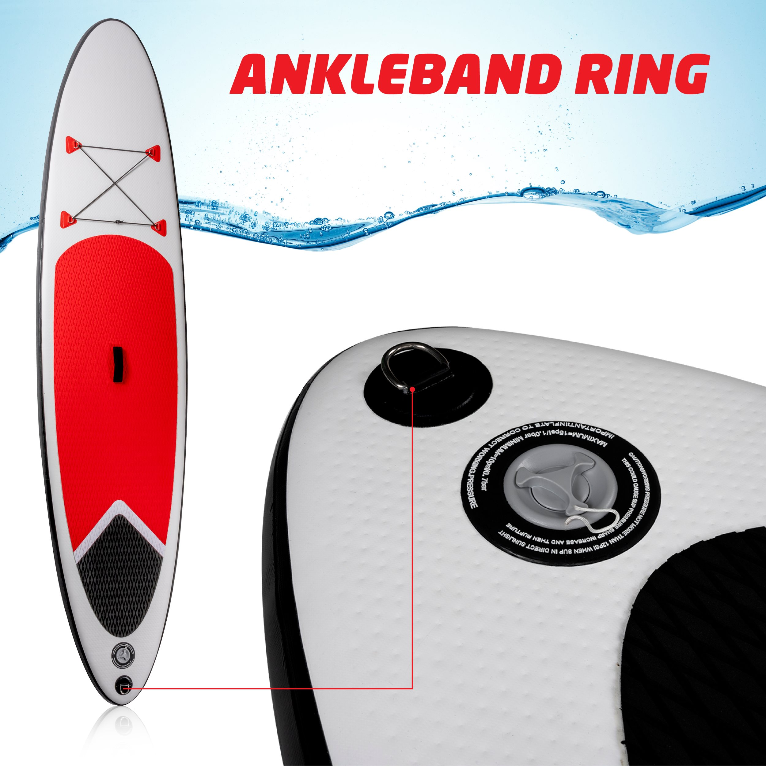 A paddleboard with red and black accents is shown, with an ankle band ring visible. The background is light blue.