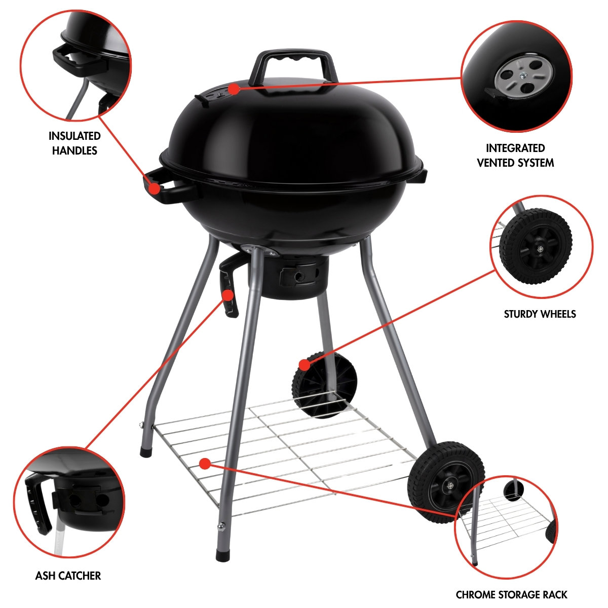 Een zwarte houtskoolgrill met geïsoleerde handvatten, ventilatiesysteem, stevige wielen, asvanger en een chromen opbergrek.