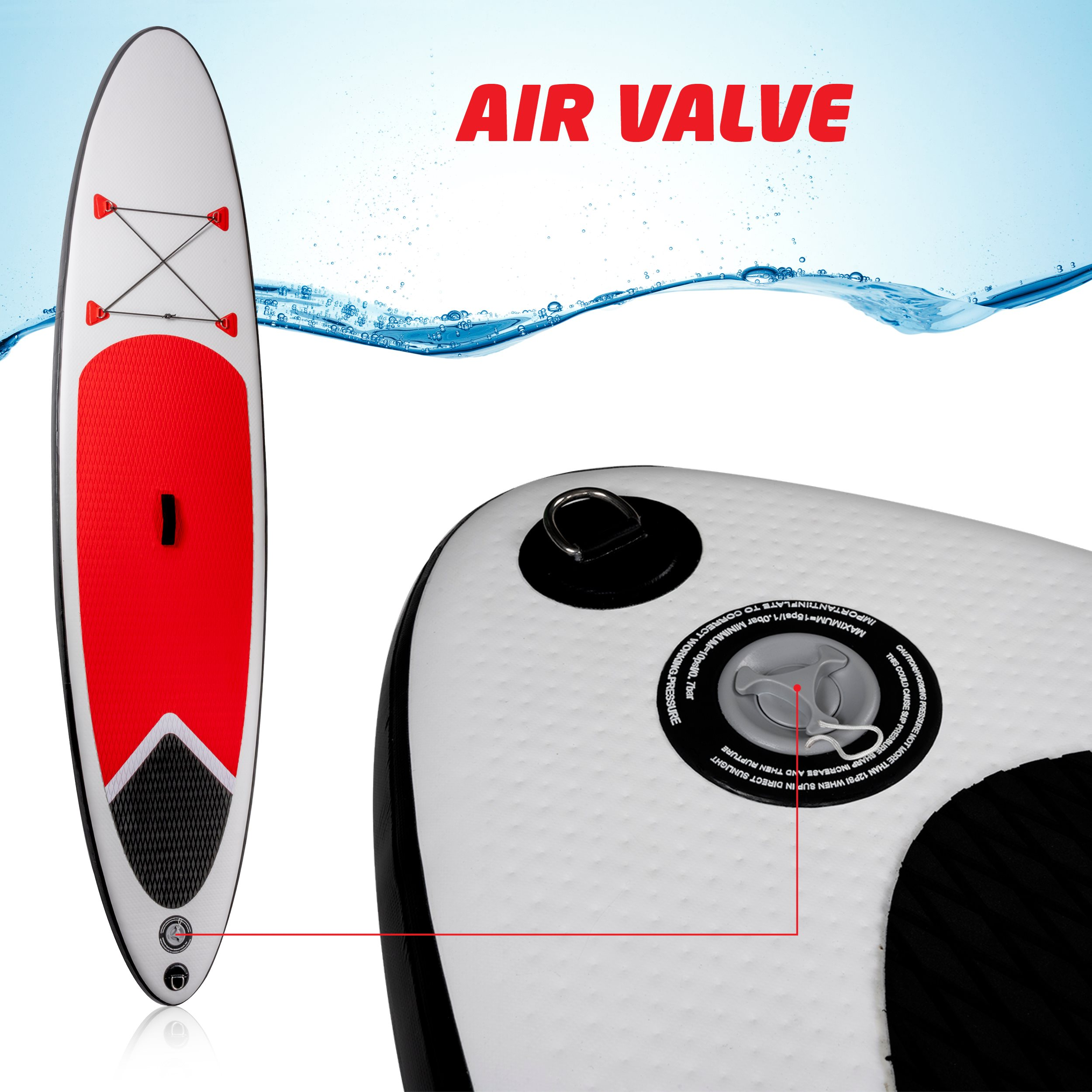 A white and red paddleboard with black details. The air valve is highlighted, with text 'AIR VALVE' above.