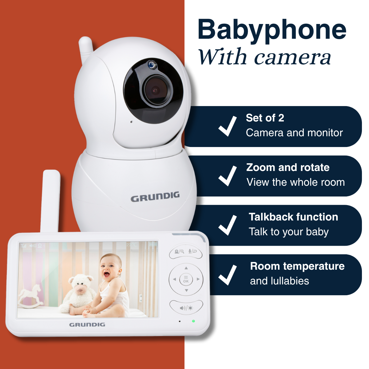 White baby monitor with camera and screen showing a baby. Features include zoom, talkback, and room temperature.