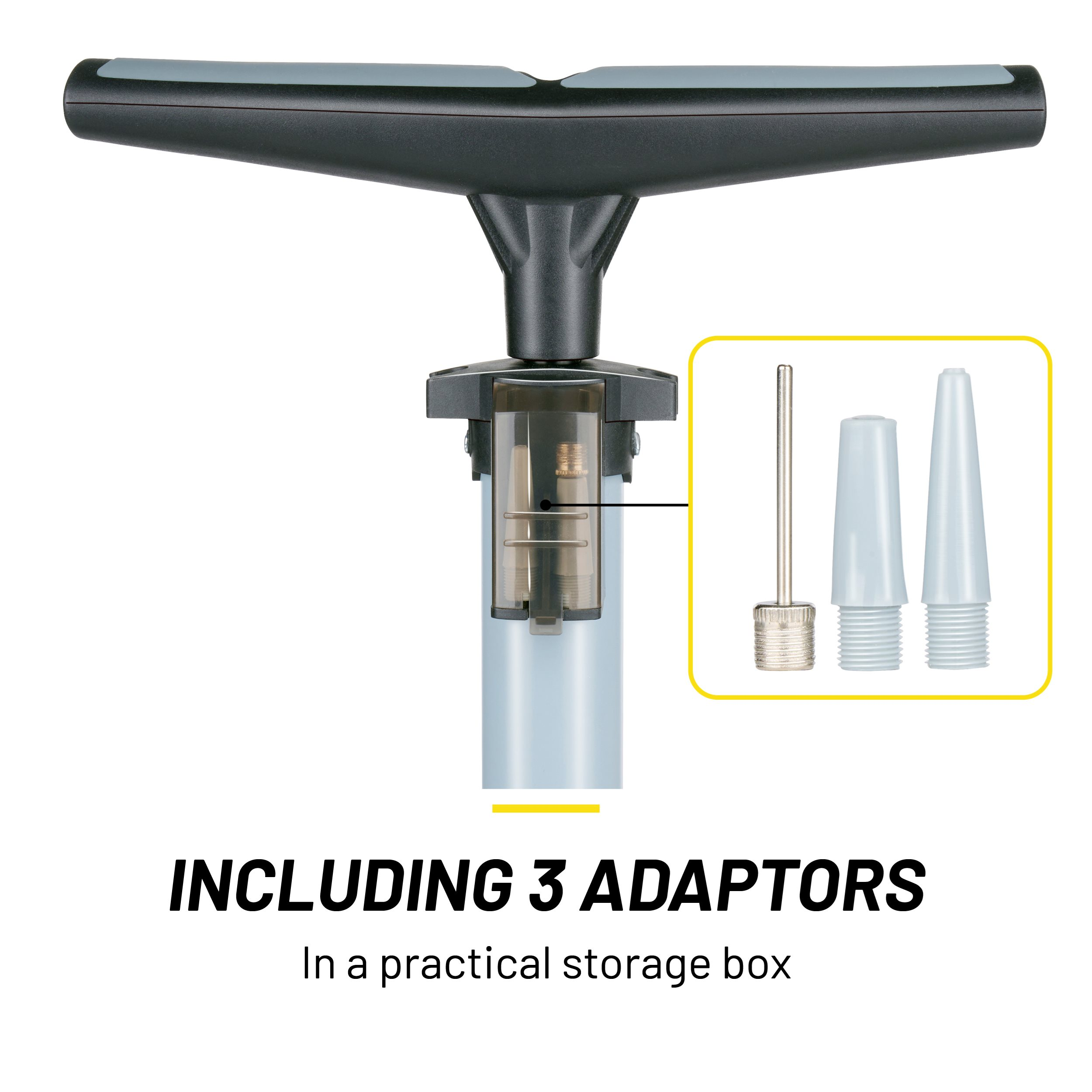 A black bicycle pump with a handle and three adaptors in a practical storage box. White background.