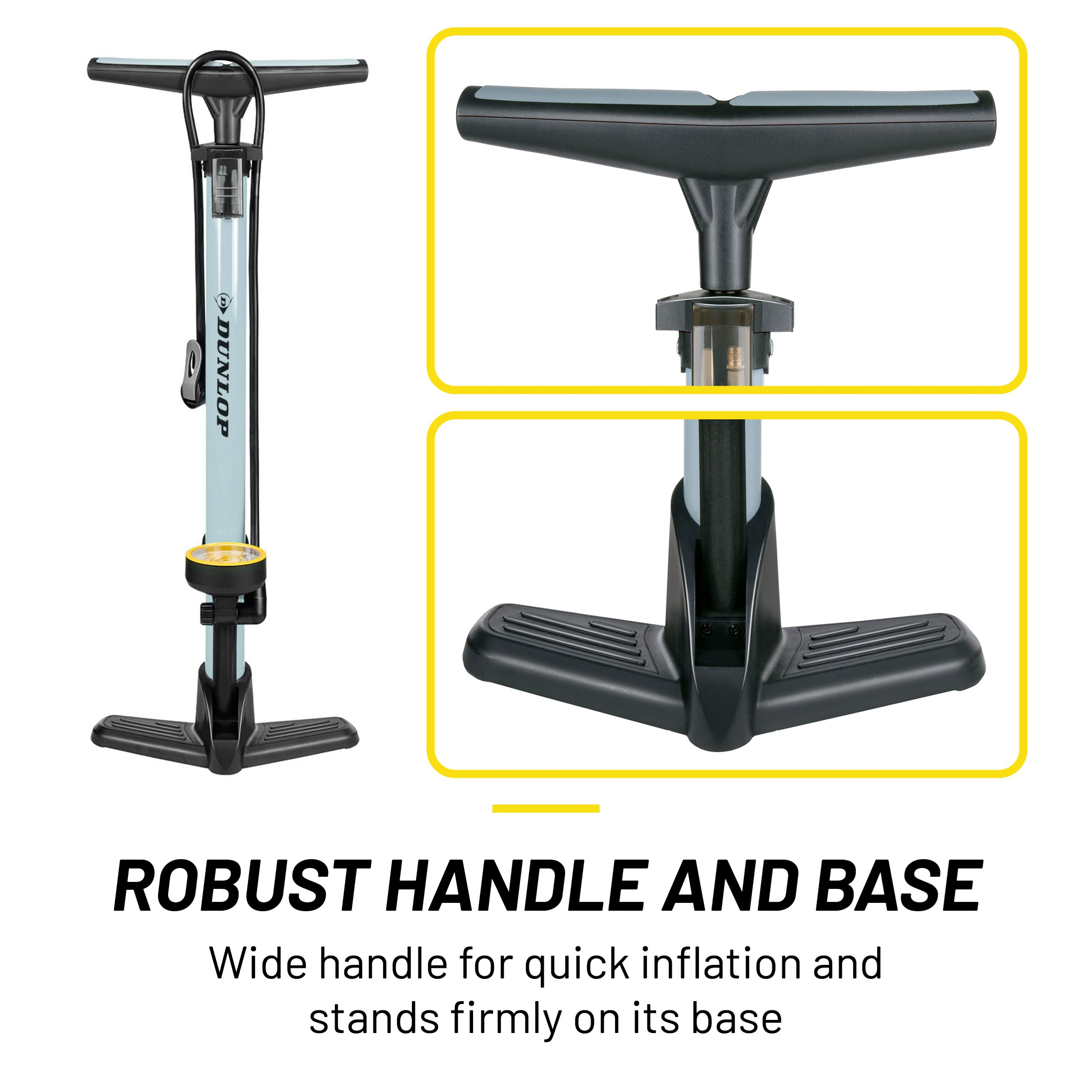 A bicycle pump with a black handle and base. It has a blue body with the Dunlop logo. Text reads 'Robust Handle and Base'.