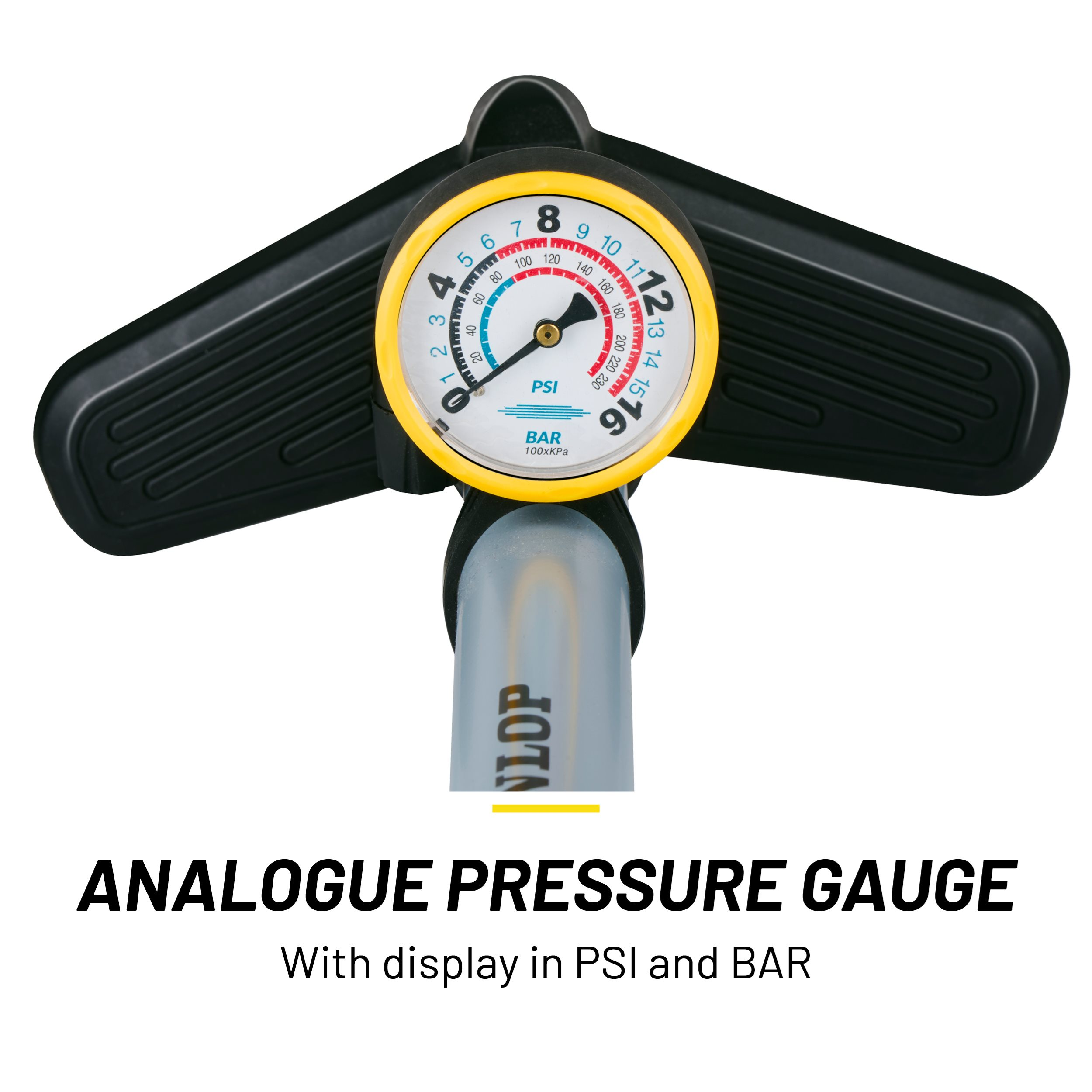 An analogue pressure gauge with PSI and BAR display. Features a black handle and a yellow gauge face with numbers.