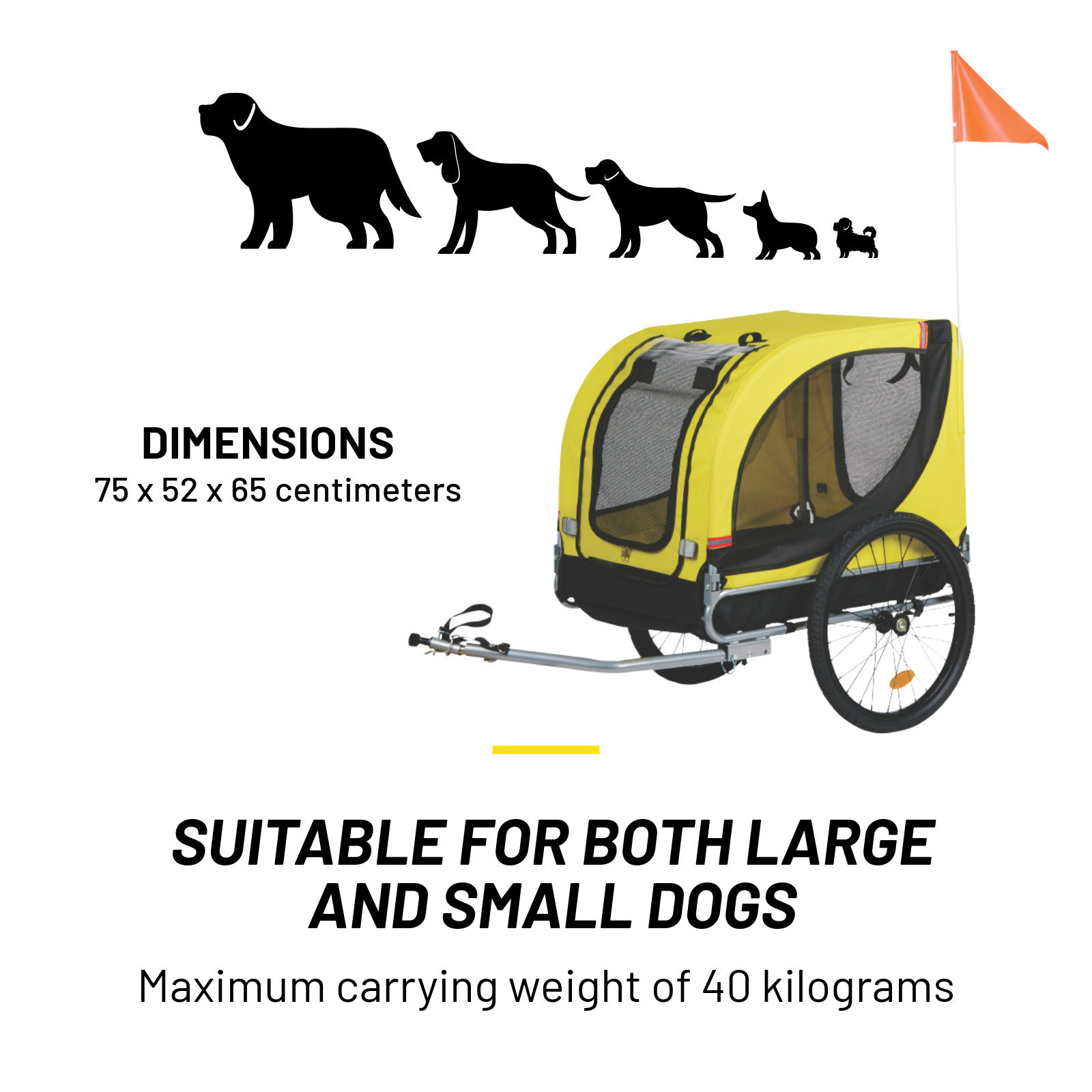 Image shows a yellow dog trailer with black accents. Silhouettes of dogs of different sizes are above it. Text: suitable for large and small dogs.