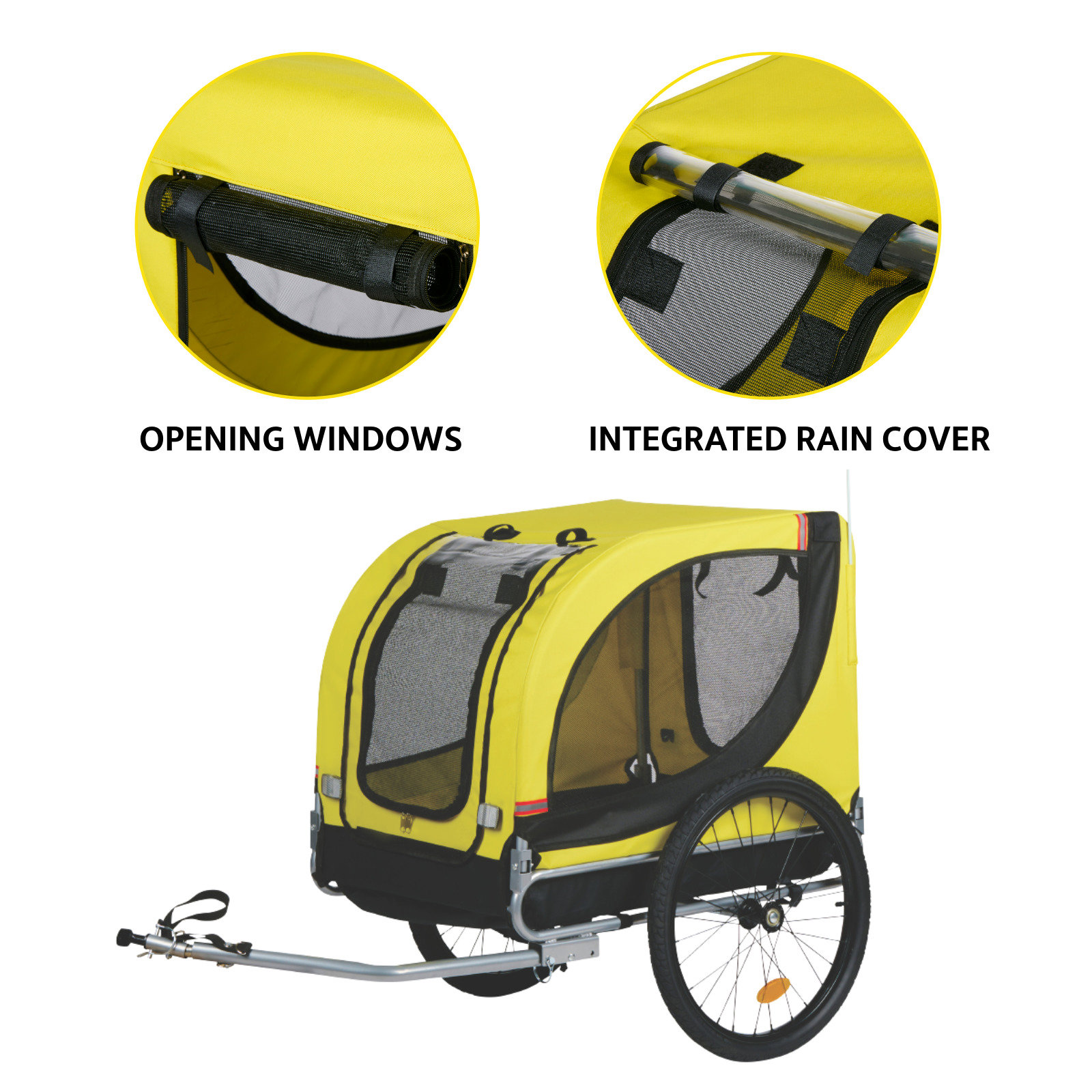 A yellow pet trailer with black accents. Features include opening windows, an integrated rain cover, and a front hitch.