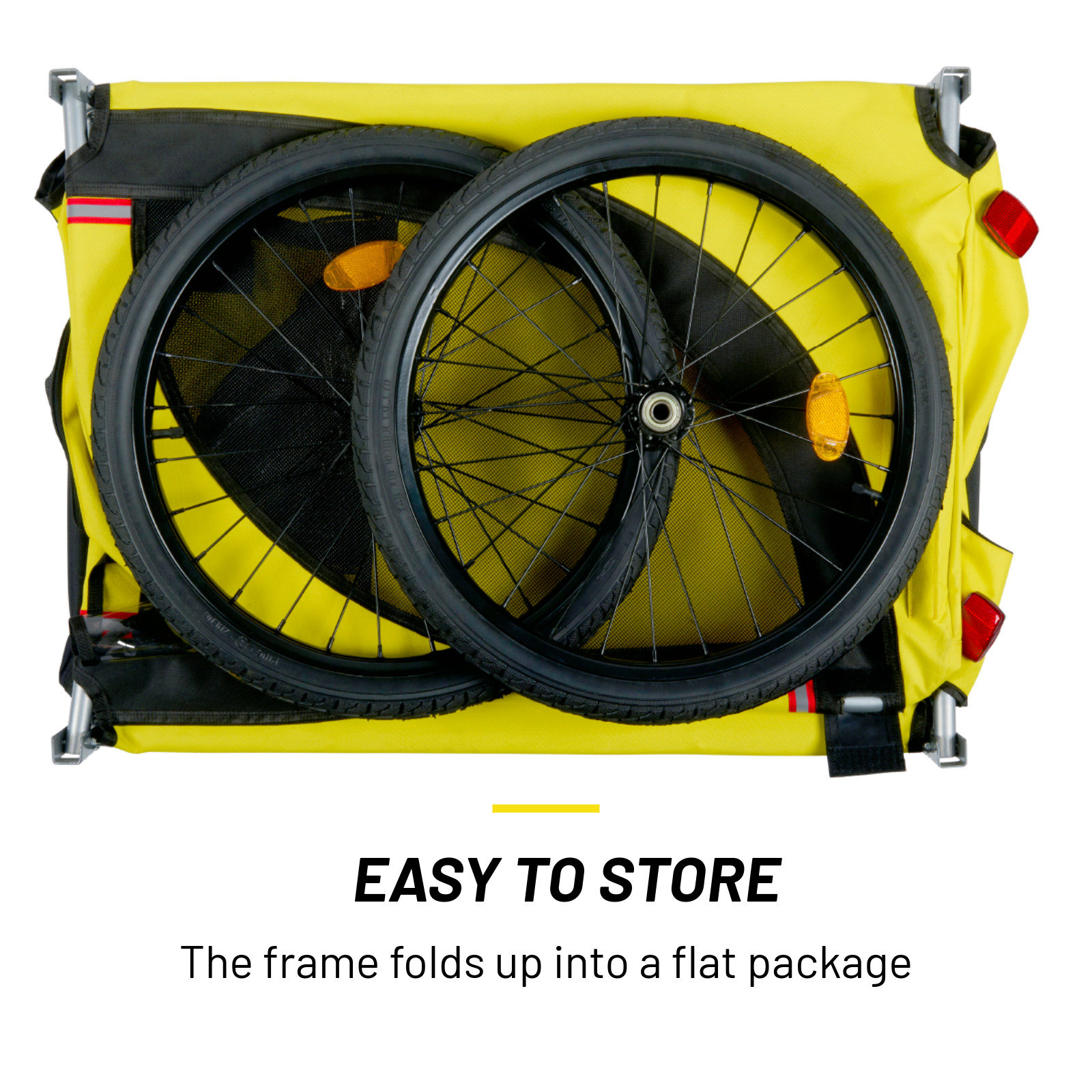 Yellow bike trailer with two black wheels folded. The frame is yellow, and the wheels are black. Easy to store.