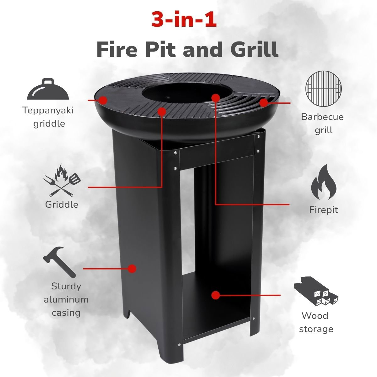 Un foyer et un grill 3-en-1 noirs. Il a une plaque de cuisson teppanyaki, un barbecue et un foyer. Il a un boîtier en aluminium robuste et un rangement pour le bois.