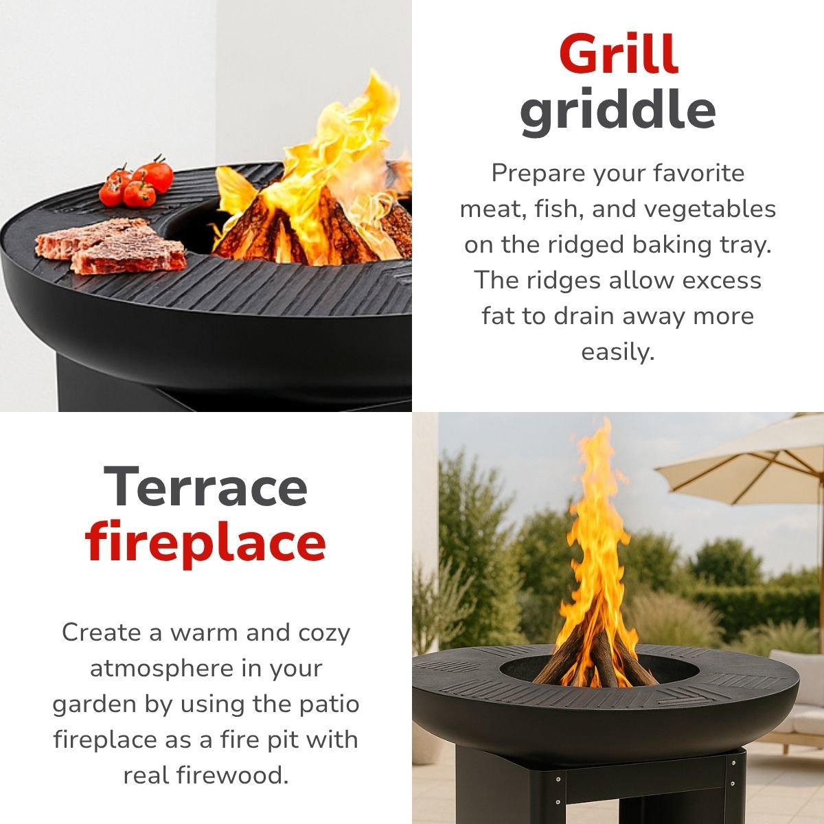 Un grill noir avec du feu et de la nourriture. Des tomates et du steak sont sur le grill. Du bois de chauffage brûle au centre. Texte sur le grill.