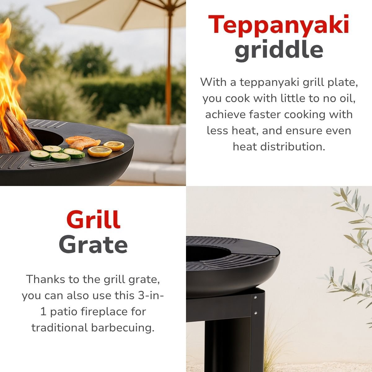 Une plaque de cuisson teppanyaki noire avec de la nourriture et des flammes. Le texte décrit ses caractéristiques: cuisson plus rapide avec moins de chaleur et une répartition uniforme.