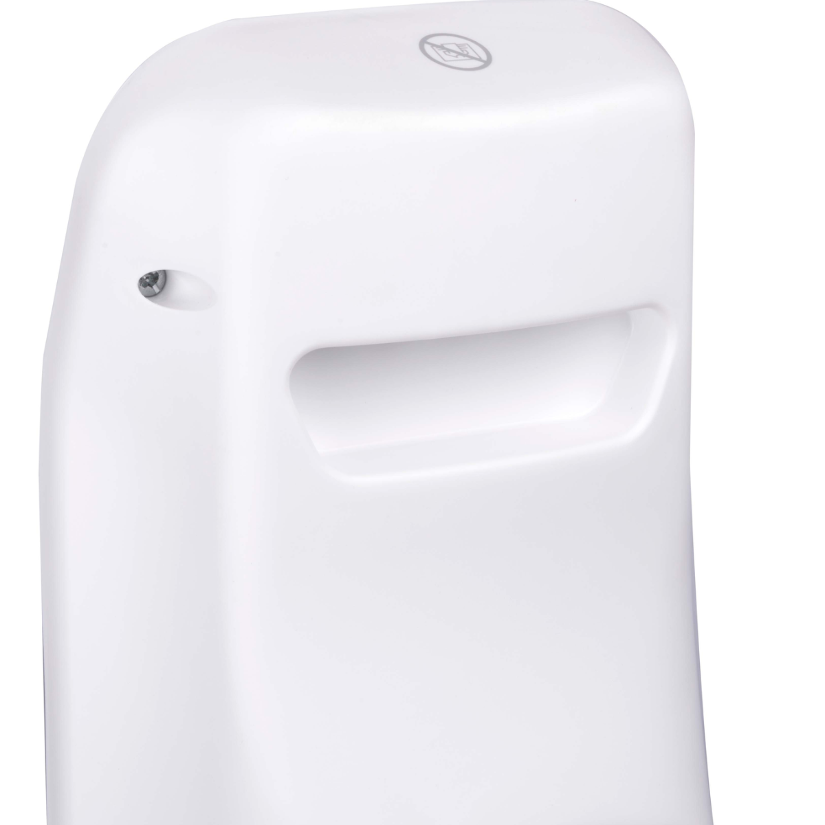 Een wit plastic object met een handgreepuitsparing. Een schroef is zichtbaar aan de zijkant. Een logo is bovenop gedrukt.