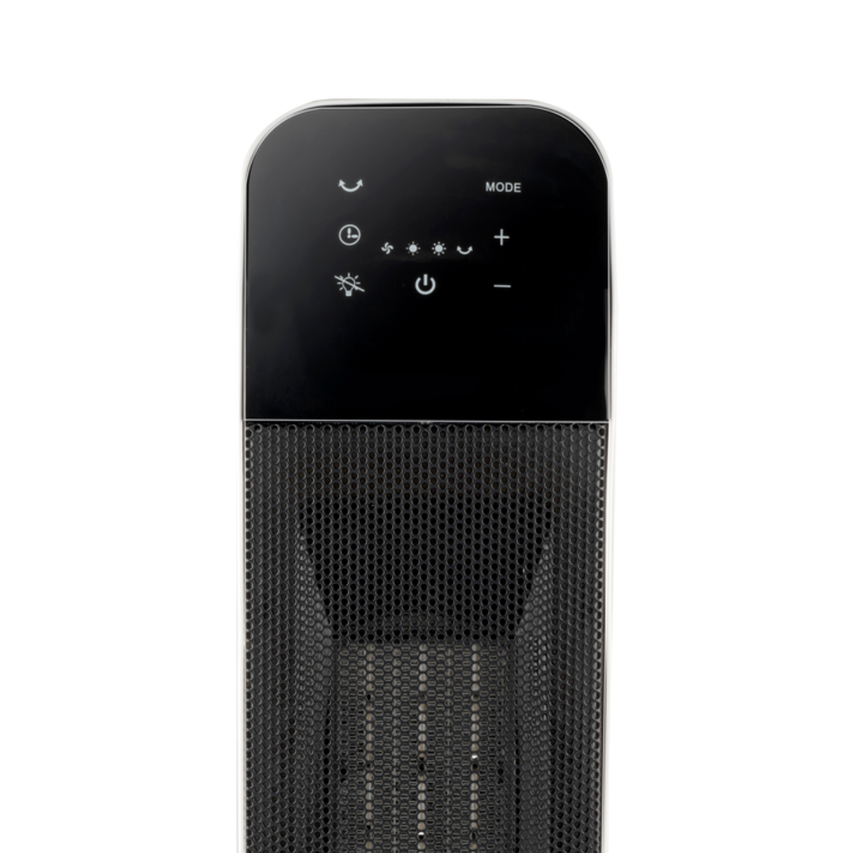 Zwart-wit bedieningspaneel voor de verwarming. Pictogrammen voor modus, timer, ventilator, warmte-instellingen en stroom. Geperforeerde metalen behuizing.