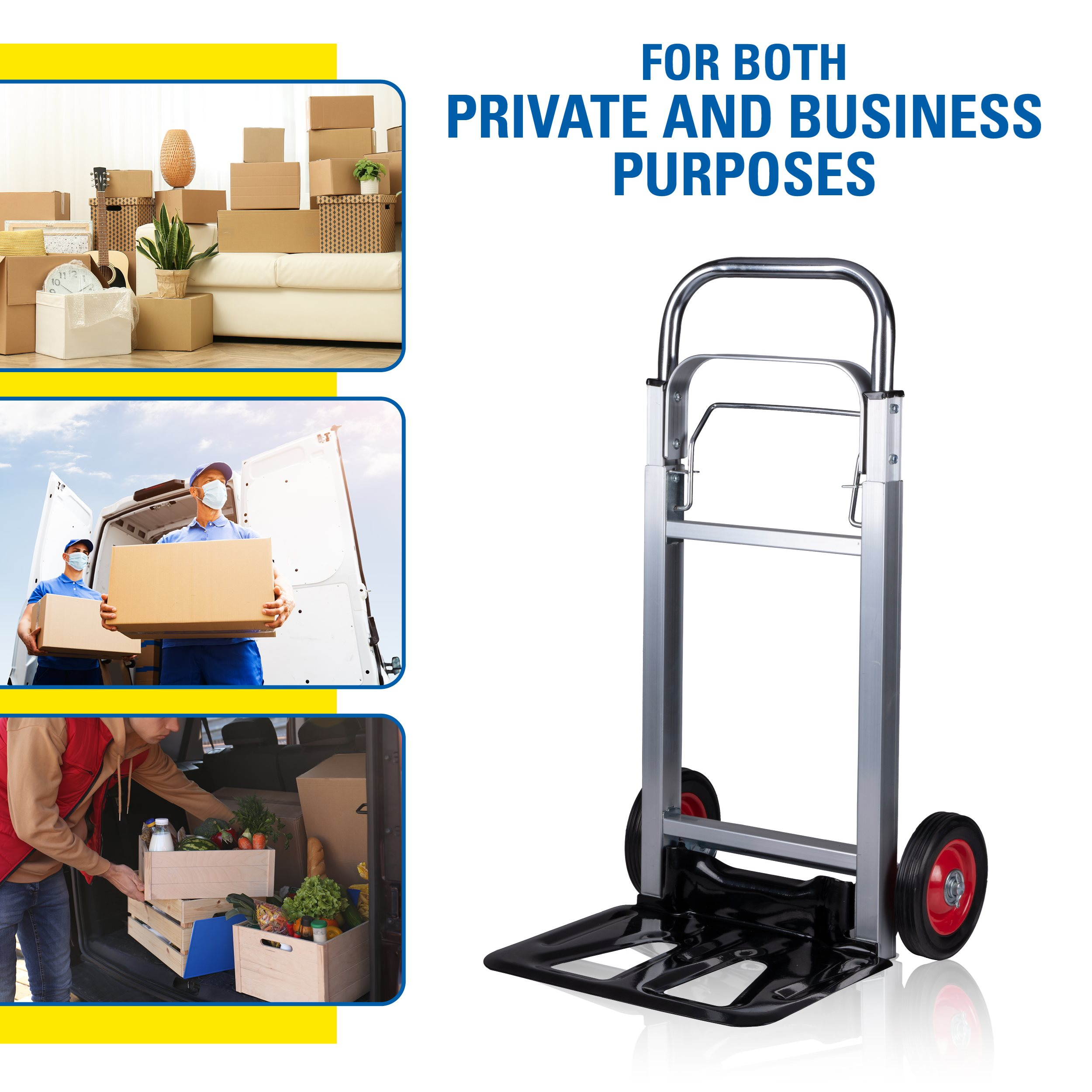 Image shows moving scenes: boxes in a house, men with boxes, and a hand truck. Text: For both private and business purposes.