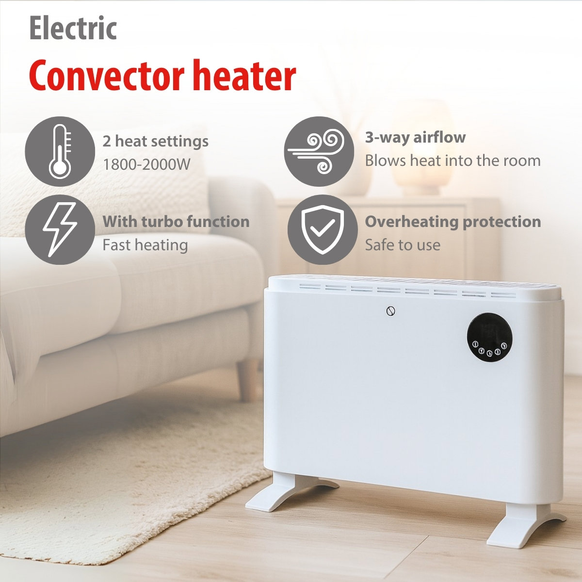 Witte elektrische convectorkachel met bediening. Het heeft 2 warmtestanden en een turbofunctie. Tekst: Elektrische convectorkachel.