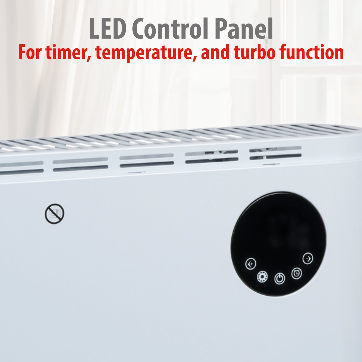 Close-up van een wit apparaat met een LED-bedieningspaneel. Het paneel heeft knoppen en displays voor timer, temperatuur en turbofunctie.