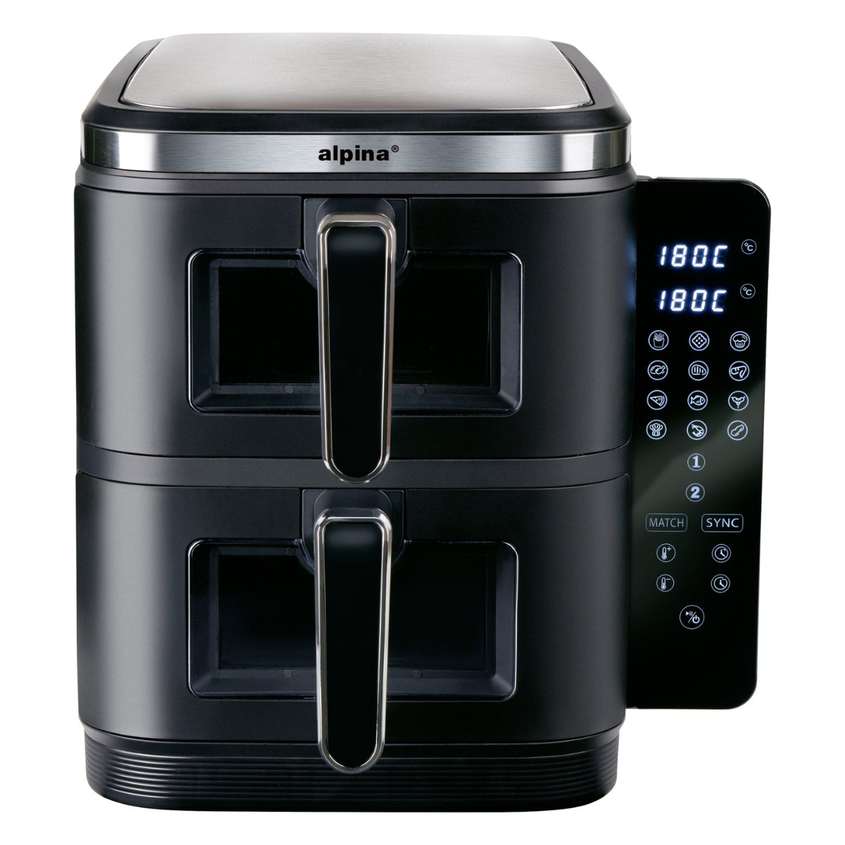 Een zwarte en zilverkleurige airfryer met twee compartimenten, een digitaal display en bedieningsknoppen. De merknaam 'alpina' is zichtbaar.