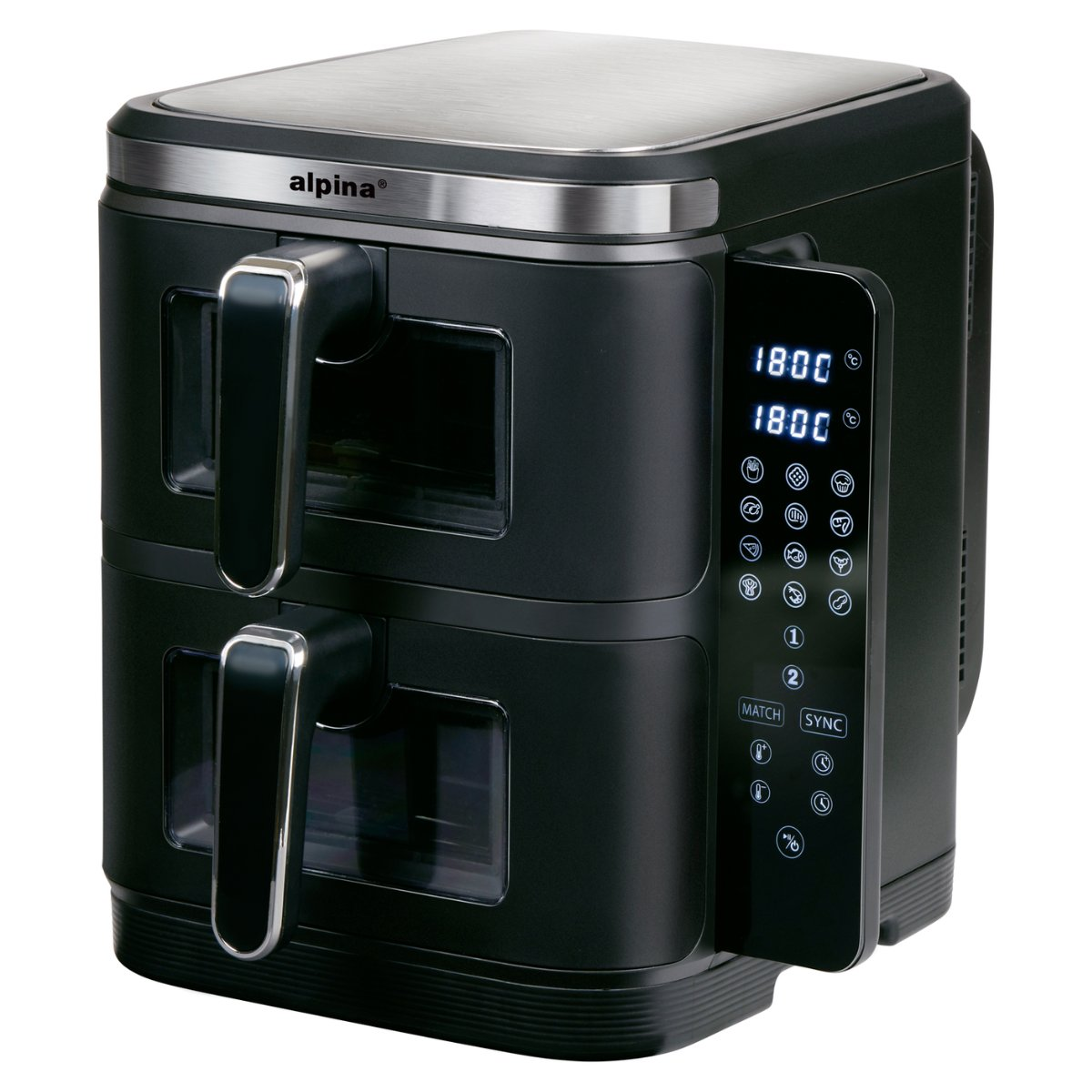 Een zwarte en zilveren Alpina airfryer. Het heeft twee compartimenten, een digitale display en handgrepen.