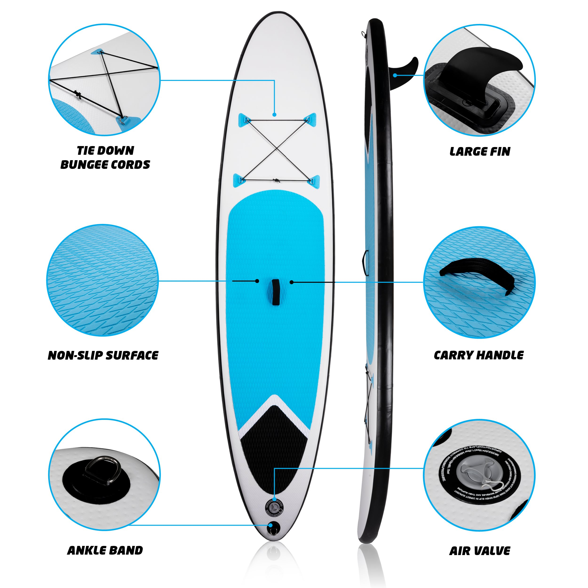 Een paddleboard met gelabelde kenmerken: elastische koorden, antislip oppervlak, handvat, grote vin, enkelband en luchtventiel.
