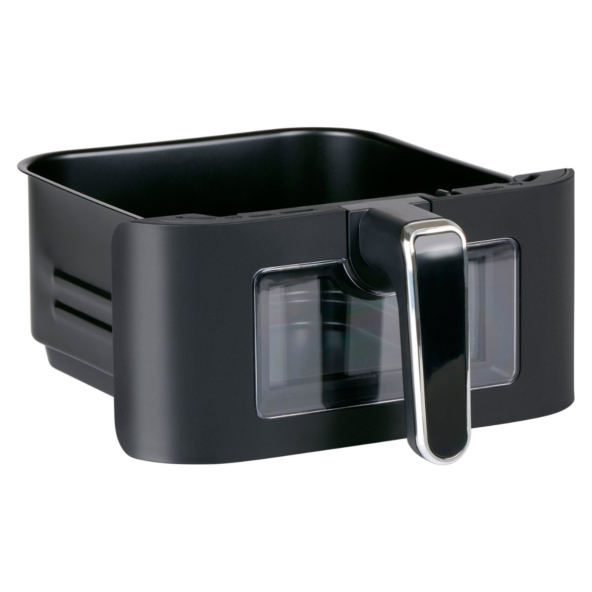 Zwarte airfryer-mand met handvat en transparant venster. Het handvat heeft zilveren rand. Geïsoleerd op witte achtergrond.