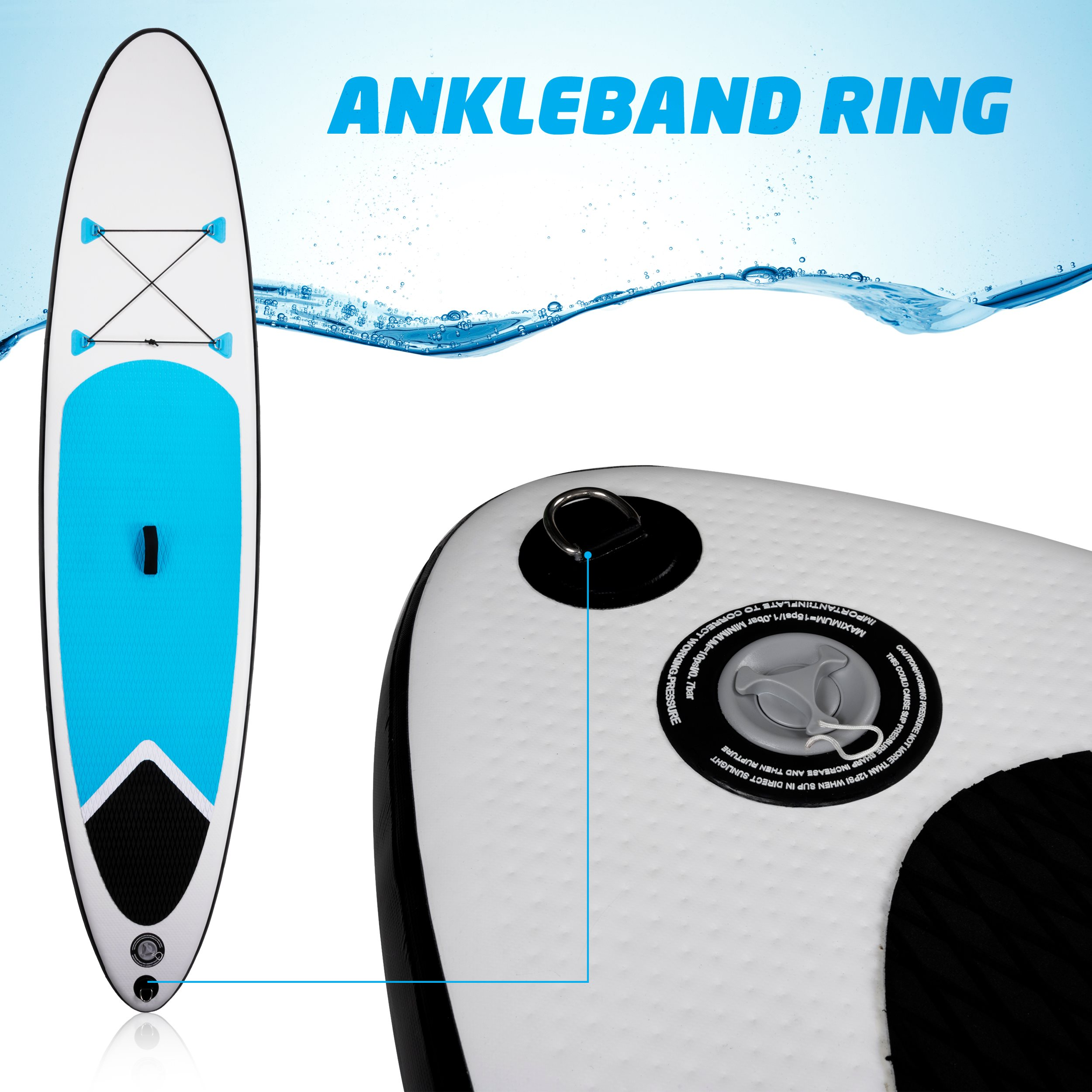 Een paddleboard met een blauw middenstuk en een enkelbandring, met blauwe waterachtergrond en tekst 'ANKLEBAND RING'.