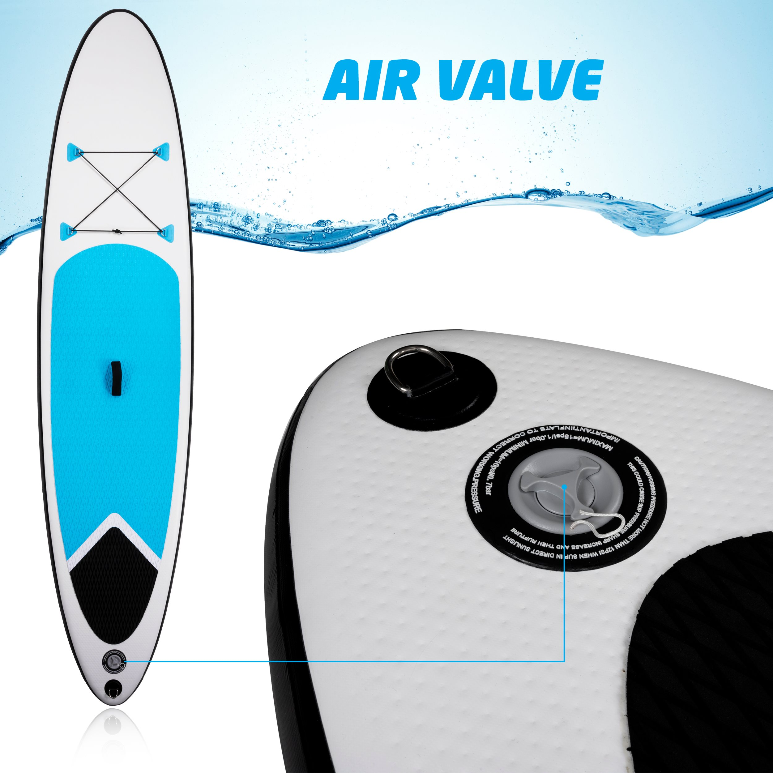 Een wit paddleboard met blauwe accenten en een ventiel wordt getoond tegen een blauwe achtergrond met waterdruppels.