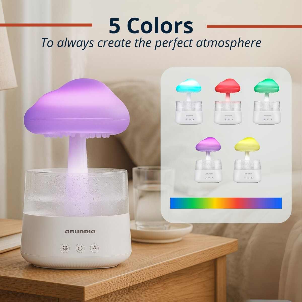 A white Grundig humidifier with a mushroom-shaped top, glowing purple. Shows 5 color options: blue, red, green, purple, and yellow.