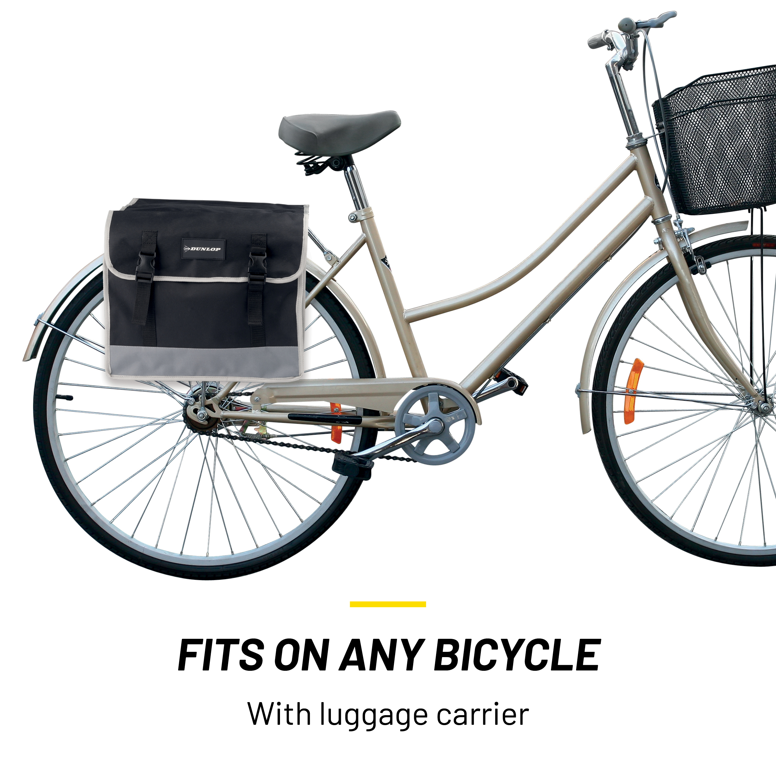 Een fiets met een zwarte tas achterop. De tekst 'FITS ON ANY BICYCLE' is ook zichtbaar.