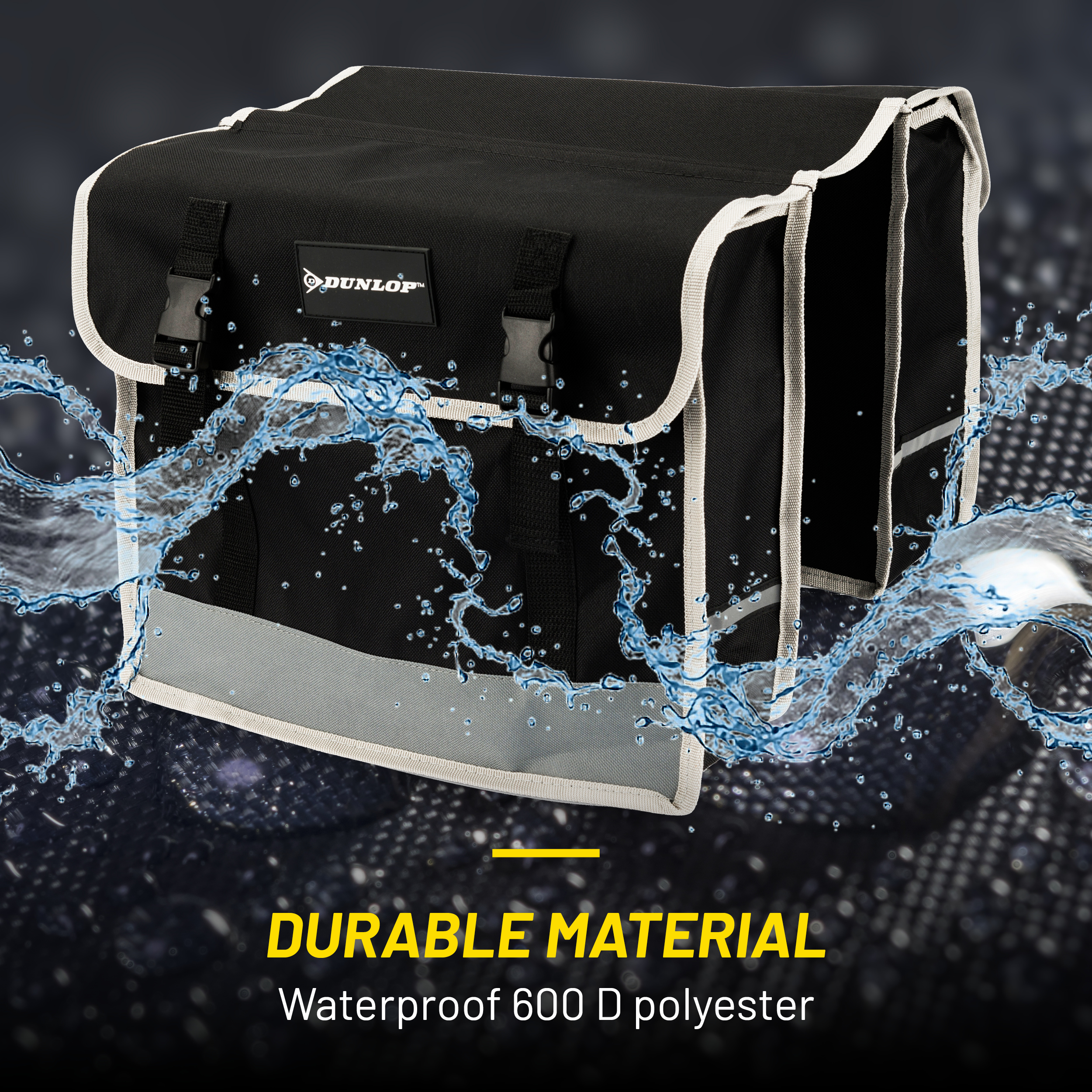 Zwarte fietstas met witte rand. Waterspetters eromheen. Tekst: 'Duurzaam materiaal, waterdicht 600 D polyester'.