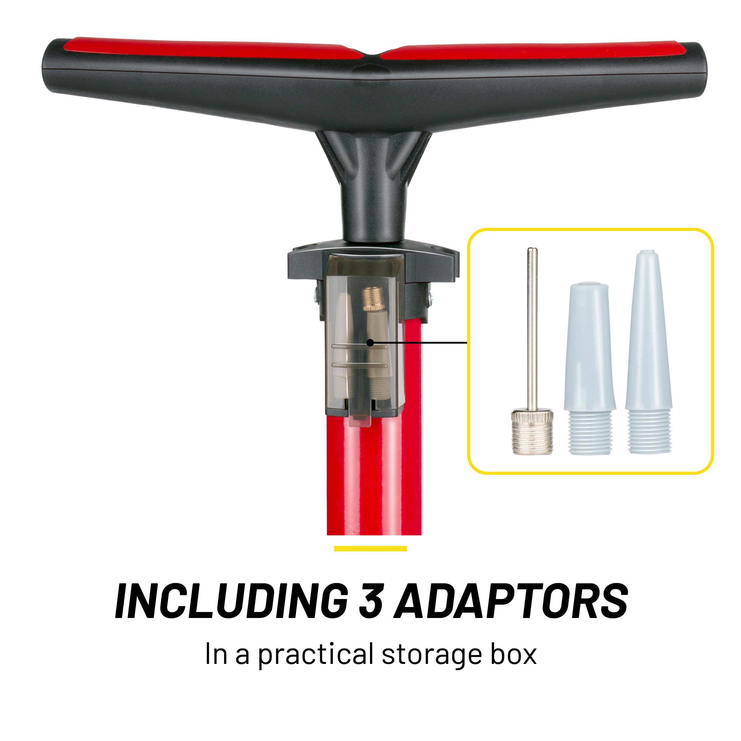 A red and black bicycle pump with a handle. Includes 3 adaptors in a storage box. White background.