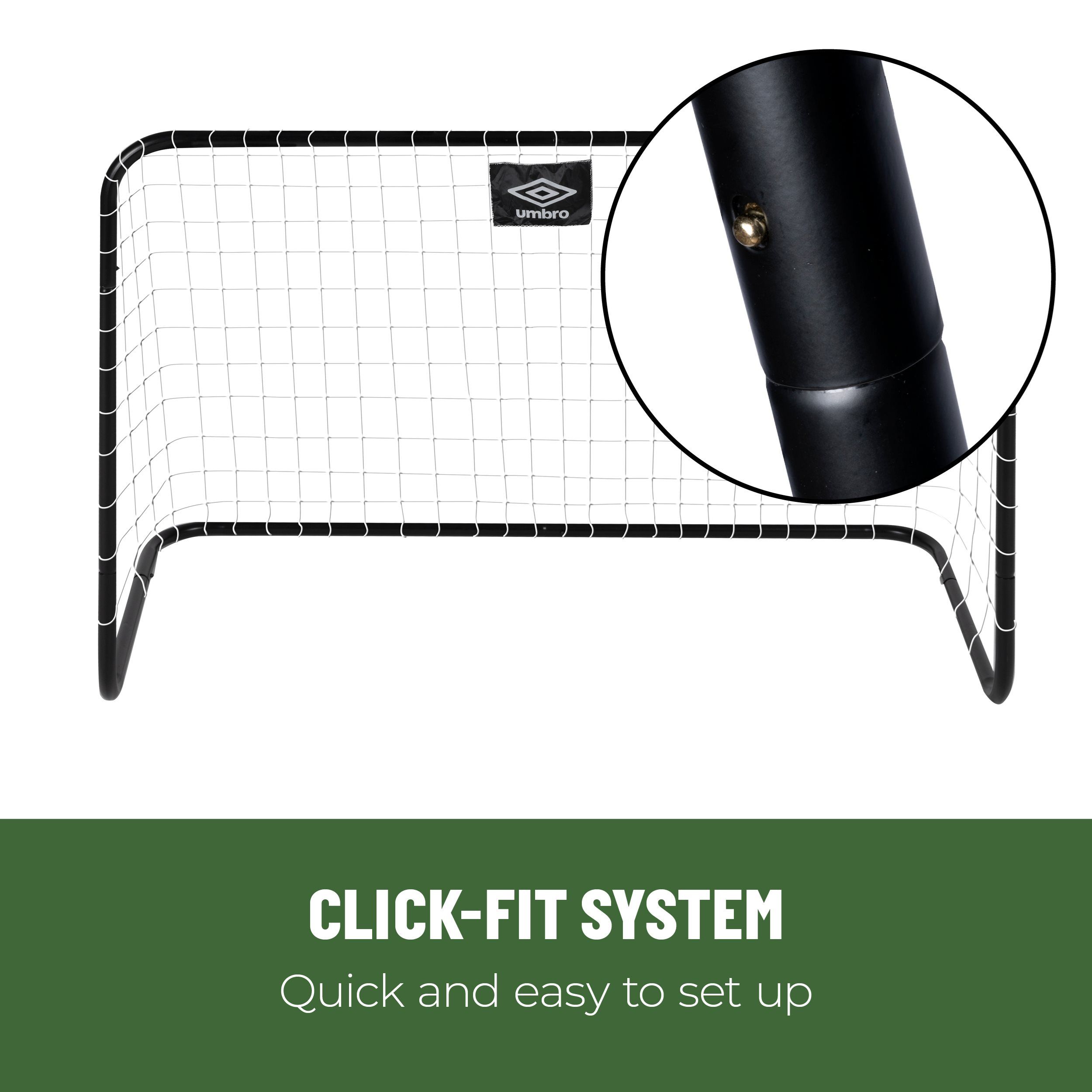 Ein schwarzes Fußballtor mit weißem Netz. Eine Nahaufnahme zeigt das Klick-Fit-System. Ein grünes Banner mit 'CLICK-FIT SYSTEM'.