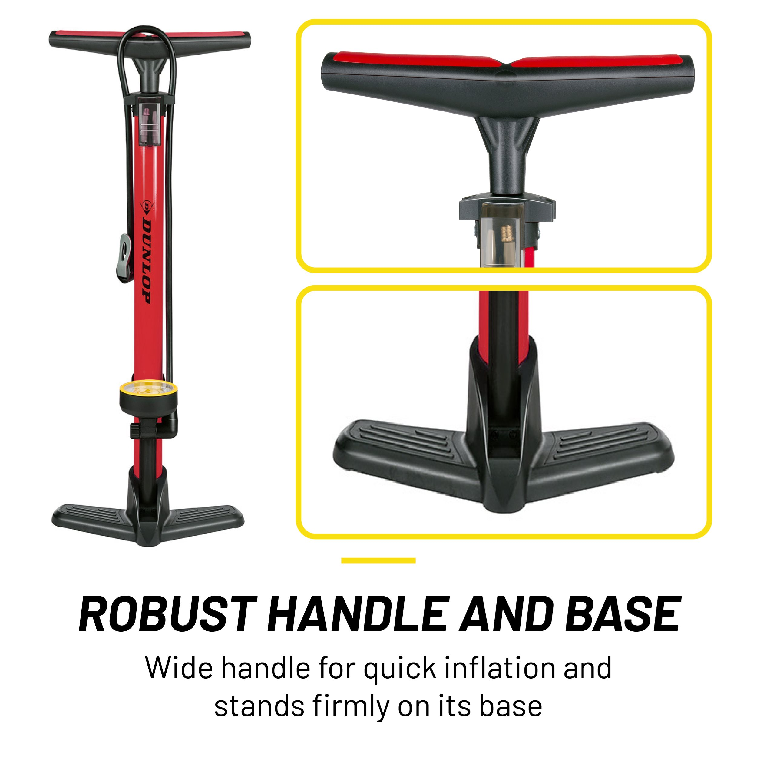 Red and black bicycle pump. It has a wide handle with a red grip and a black base.