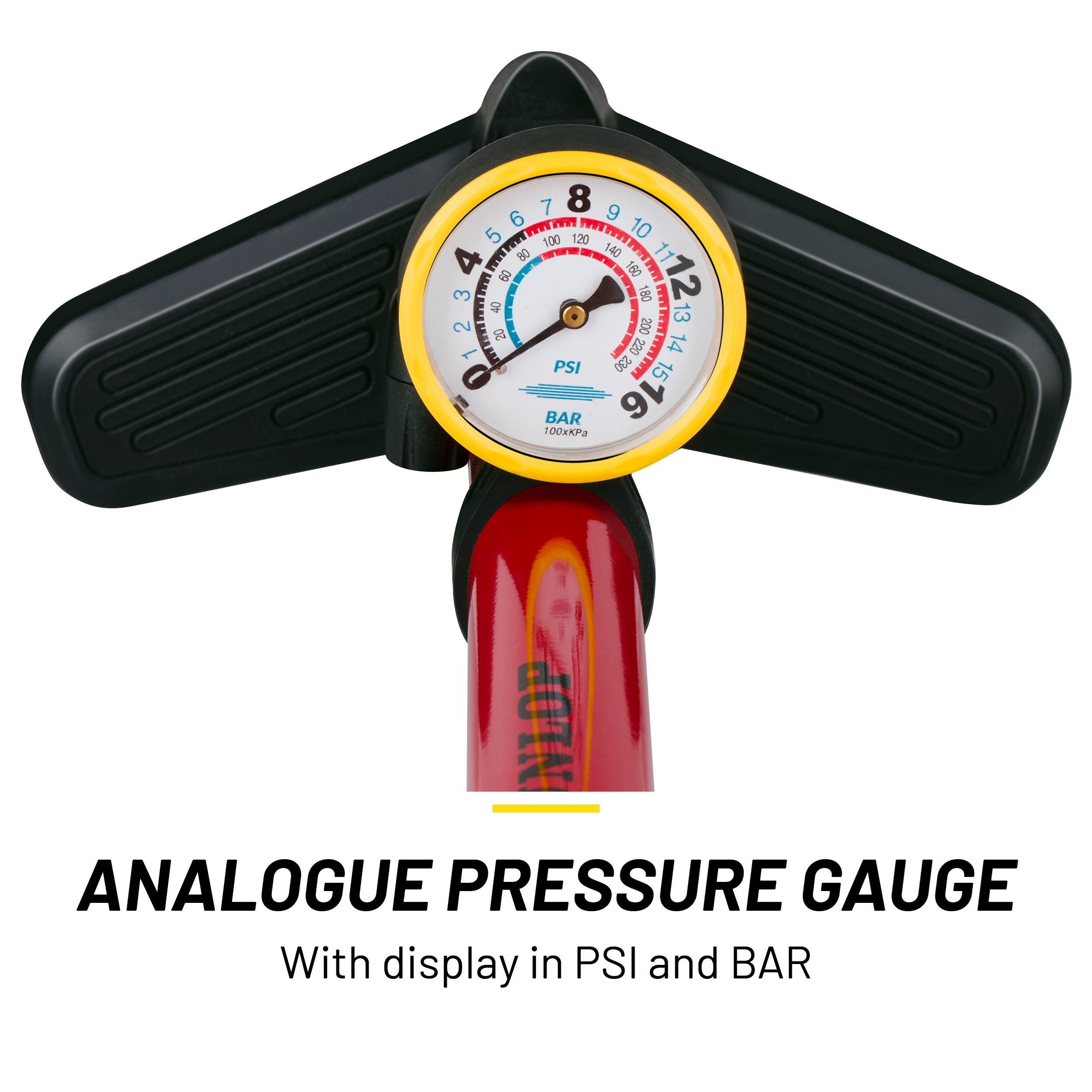A bicycle pump with a pressure gauge. The gauge displays PSI and BAR. Black handle and yellow/white dial.