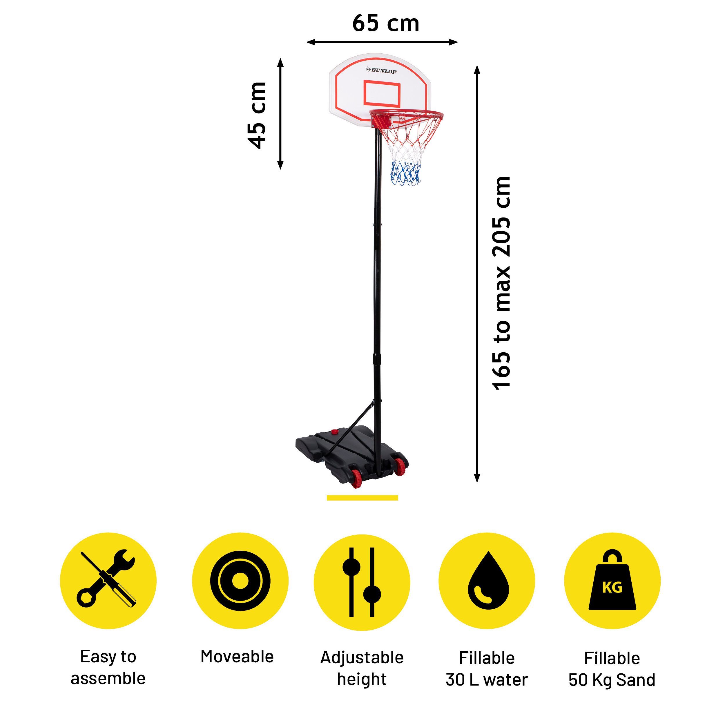 A basketball hoop on a black stand. It has a white backboard, a red rim, and a net. Dimensions are shown.