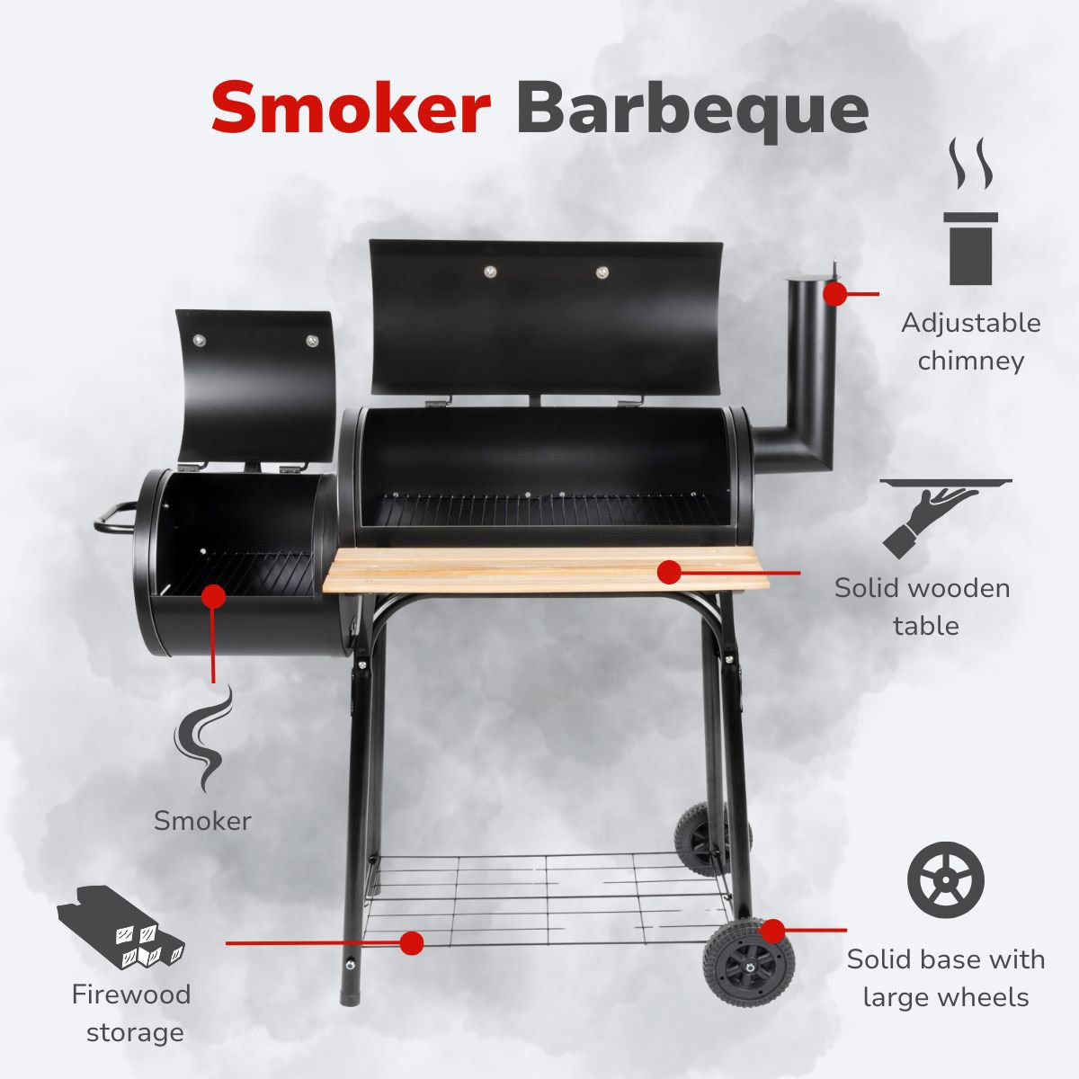 Een zwarte smoker barbecue met een houten tafel, wielen en schoorsteen. Het heeft een opslag voor brandhout.