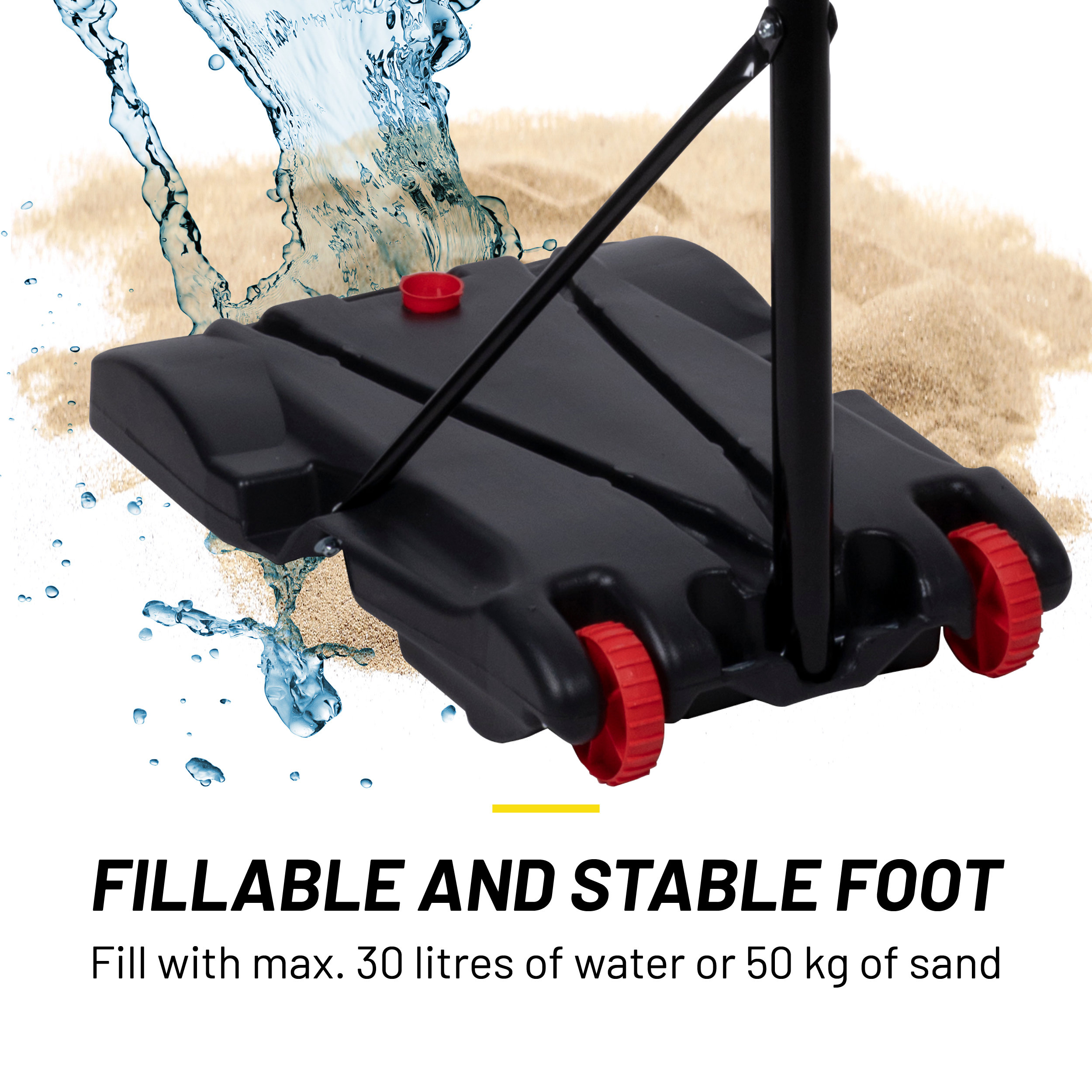 Black basketball hoop base with red wheels. Water splash in the background, sand and text 'FILLABLE AND STABLE FOOT'.