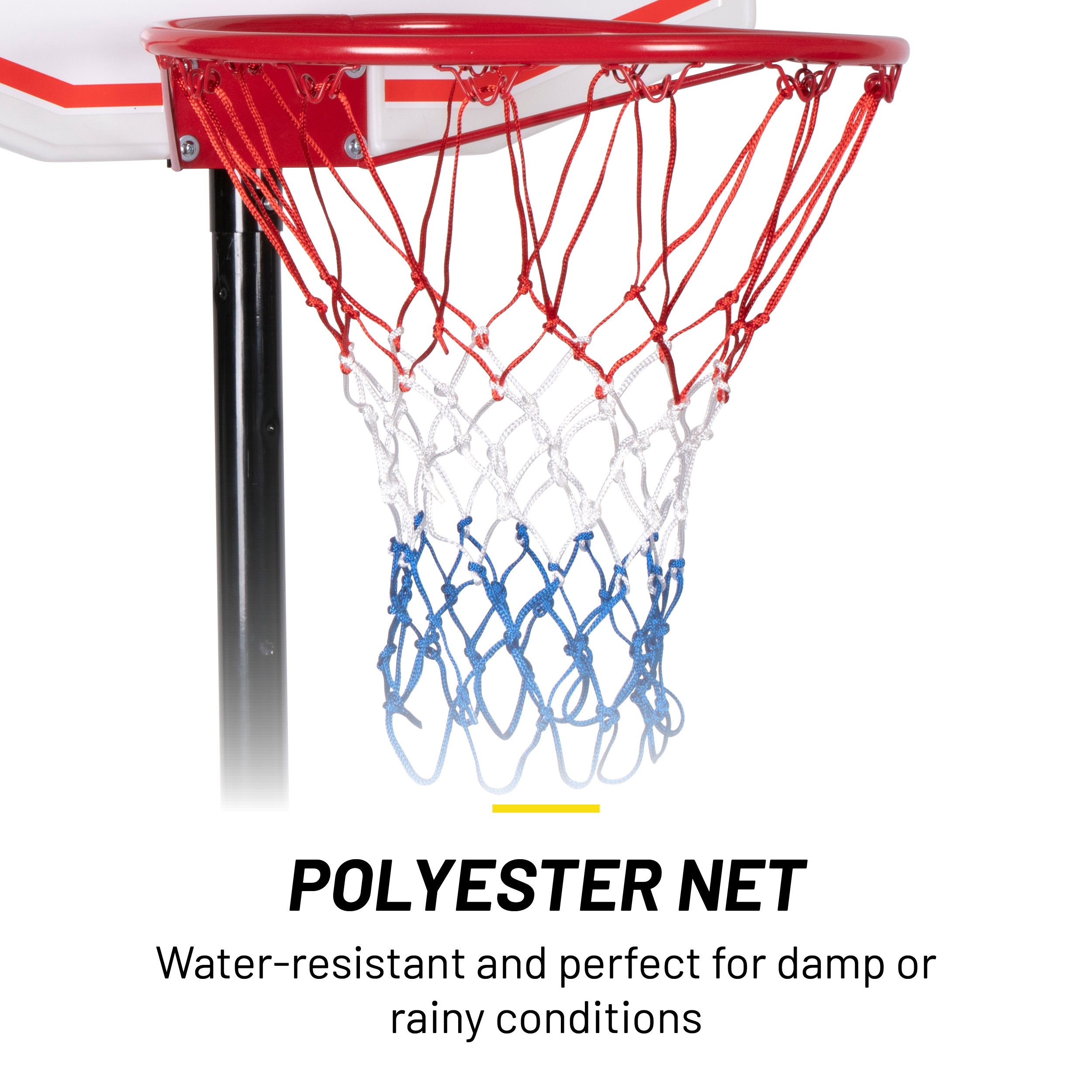 A basketball hoop with a red rim and a white, blue, and red net. The net is made of polyester.