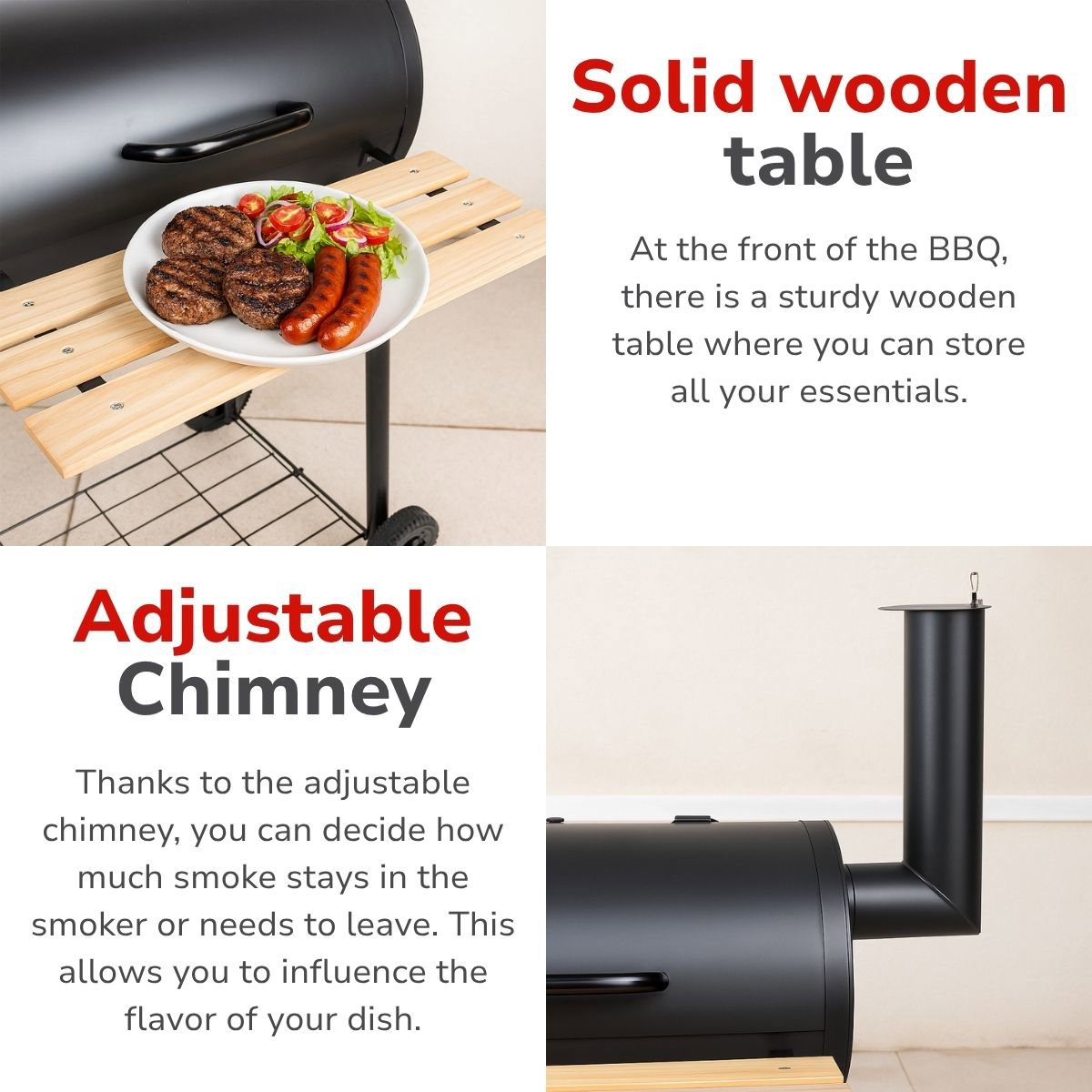 Zwarte BBQ met houten tafel. Gegrilde burgers en worstjes met salade op een bord.