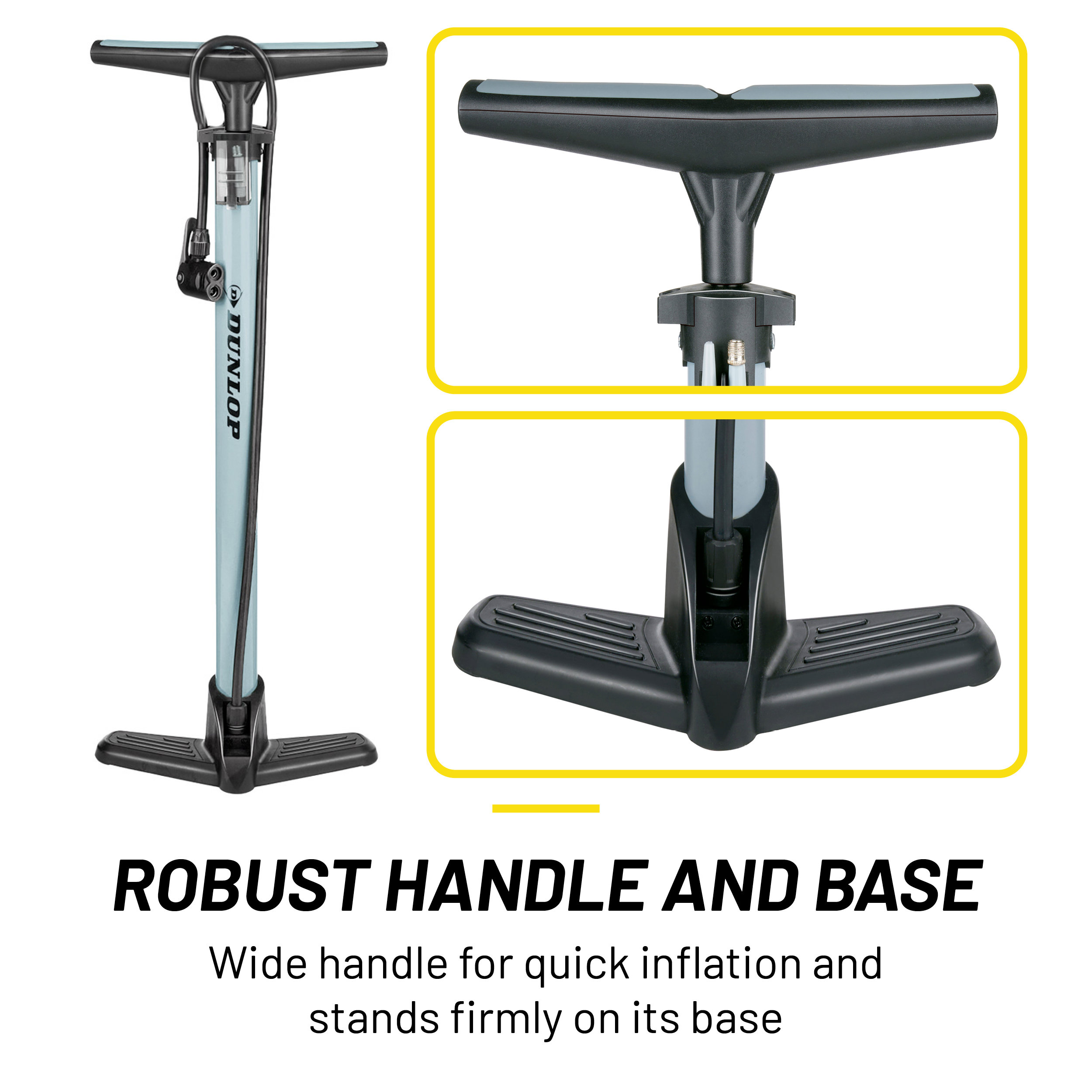 A bicycle pump with a black handle and base. The pump is blue and has the Dunlop logo.