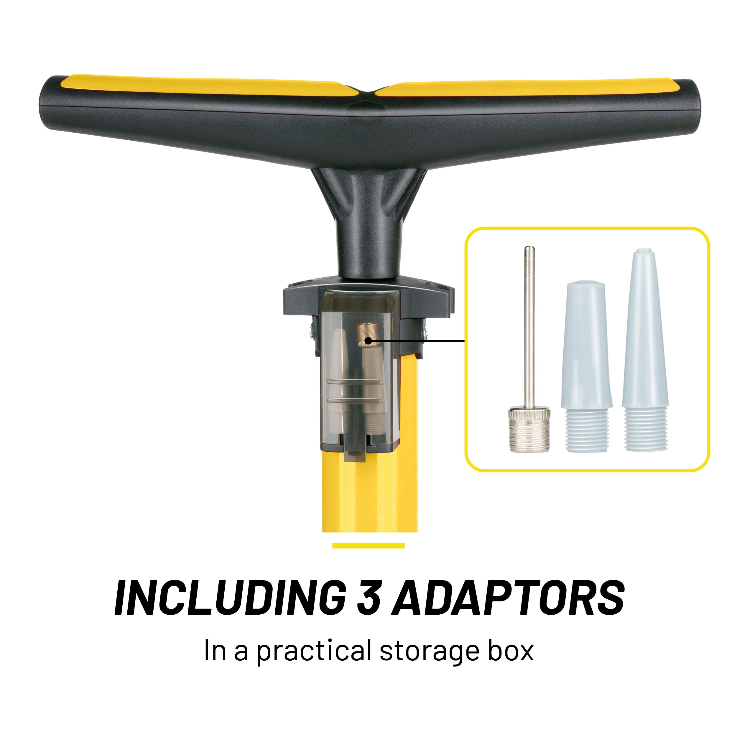 A yellow and black pump with three adaptors. Includes a needle and two cone-shaped nozzles. Text: Including 3 Adaptors in a storage box.