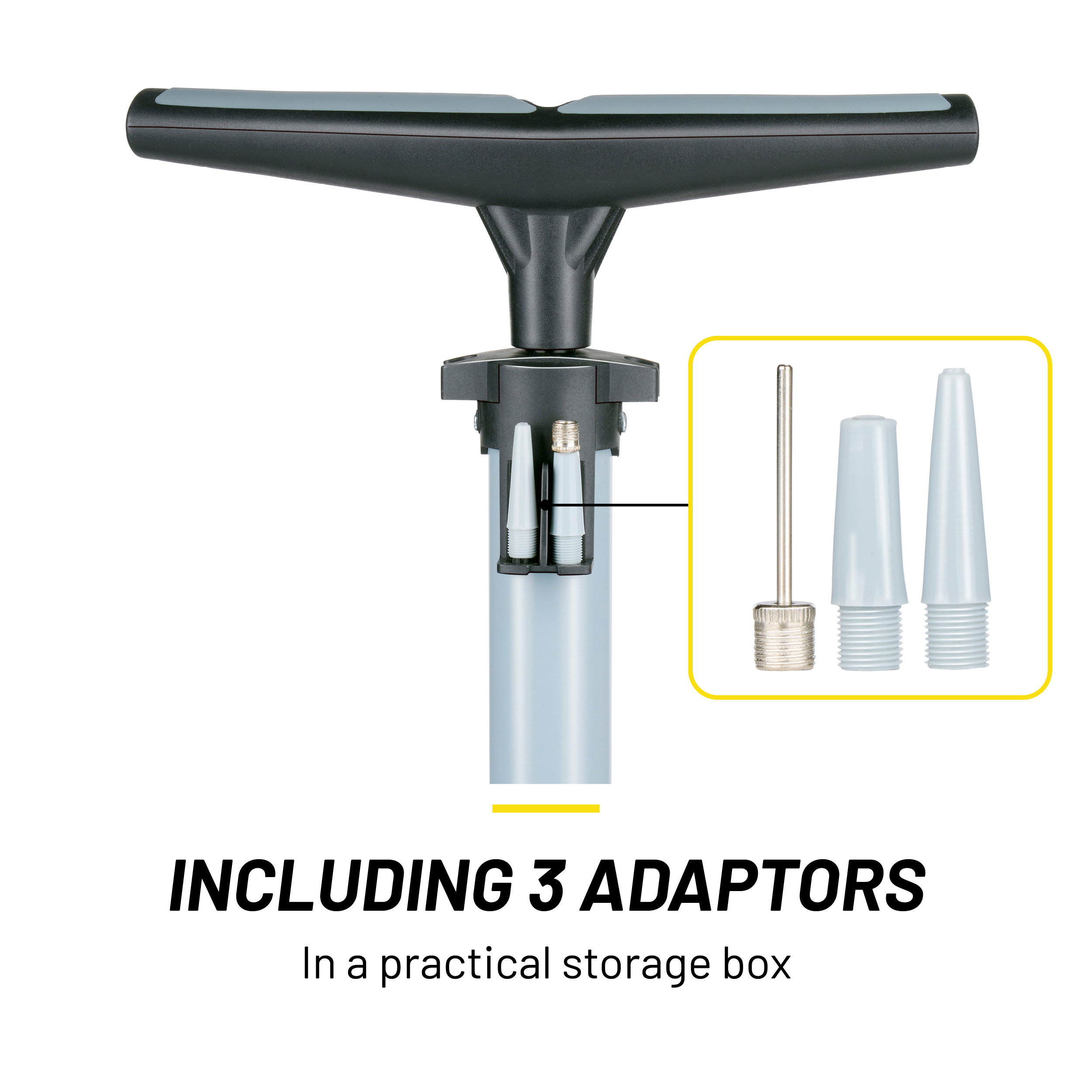 A bicycle pump with a handle and 3 adaptors. The pump is gray and black, with adaptors in a yellow-bordered box.