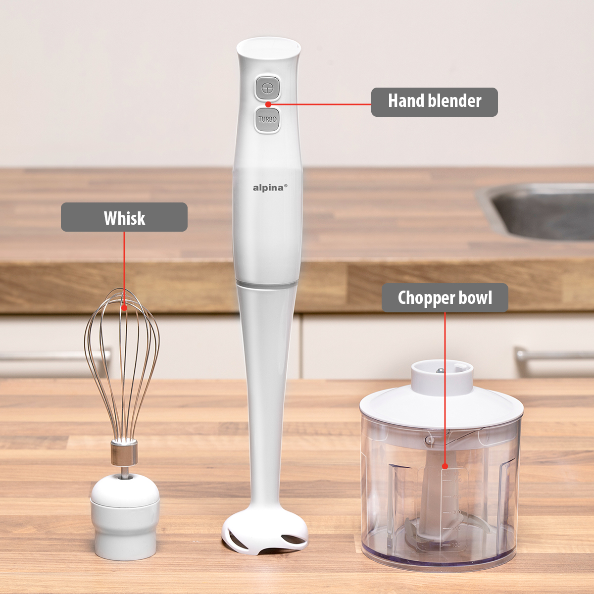 Een witte staafmixer, garde en hakkom op een houten oppervlak. Labels wijzen naar elk item.