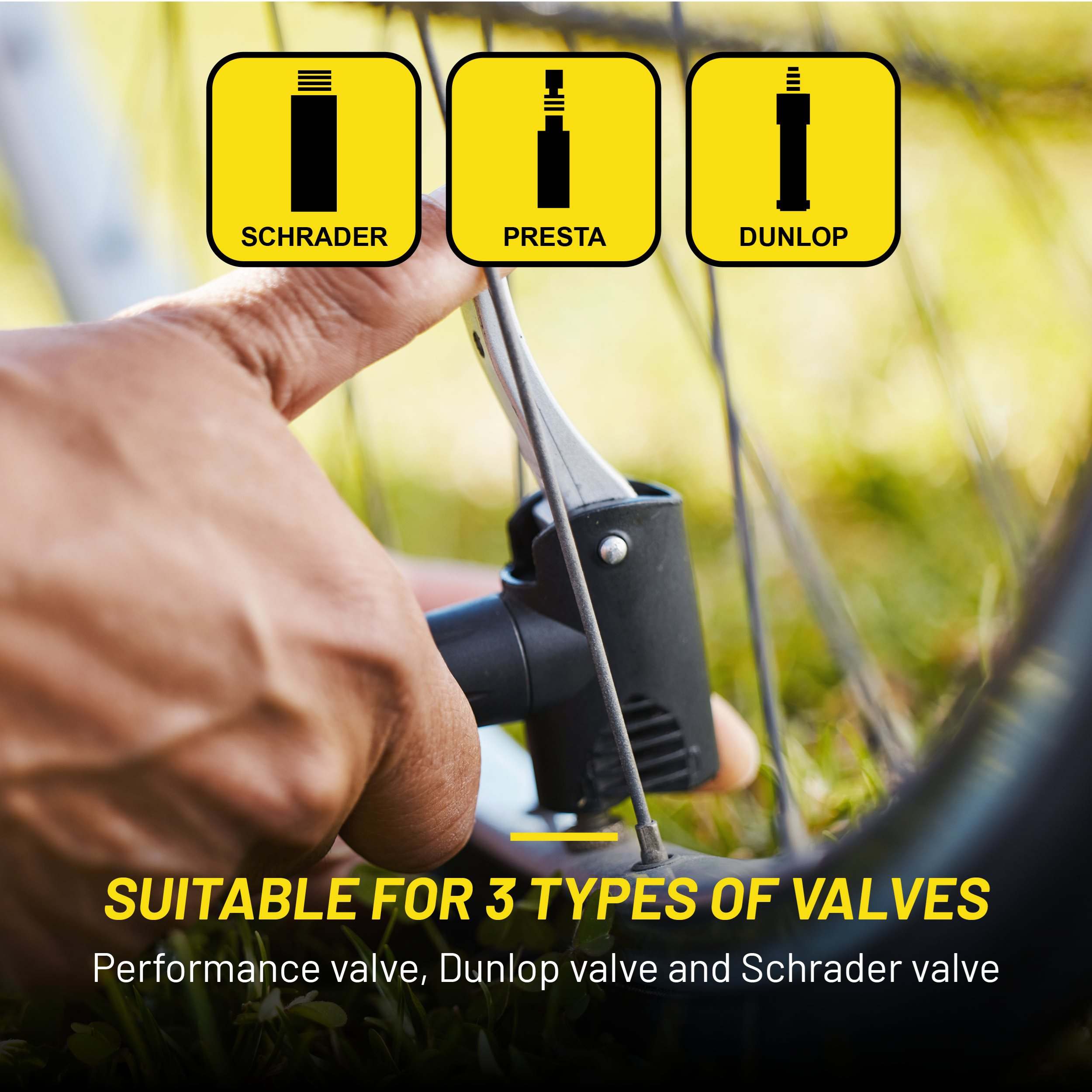 Image shows a bike tire being inflated. There are three valve types: Schrader, Presta, and Dunlop. Background is grass.