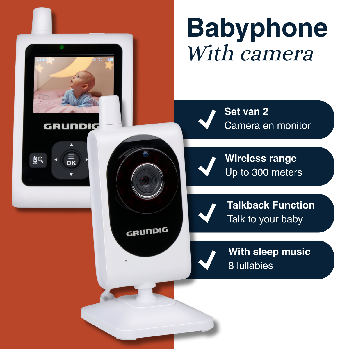 A white baby monitor with a screen showing a baby. A camera is in front. Text reads 'Babyphone With camera'. 