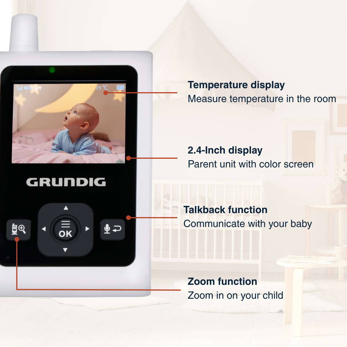 A baby monitor shows a baby on the screen. Features include temperature display, talkback, and zoom function. The brand is Grundig.